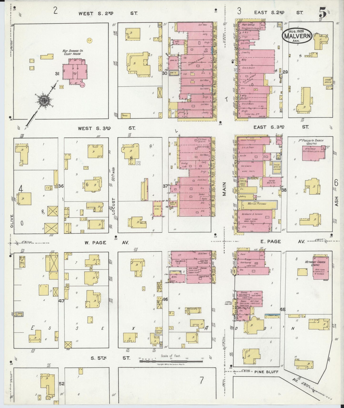 Sanborn Fire Insurance Map from Malvern, Hot Springs County, Arkansas (1920), Sheet #0005 - Historic Sanborn Fire Insurance Map Print, vintage old map wall art, antique decor, genealogy gift, Arkansas Arkansas map