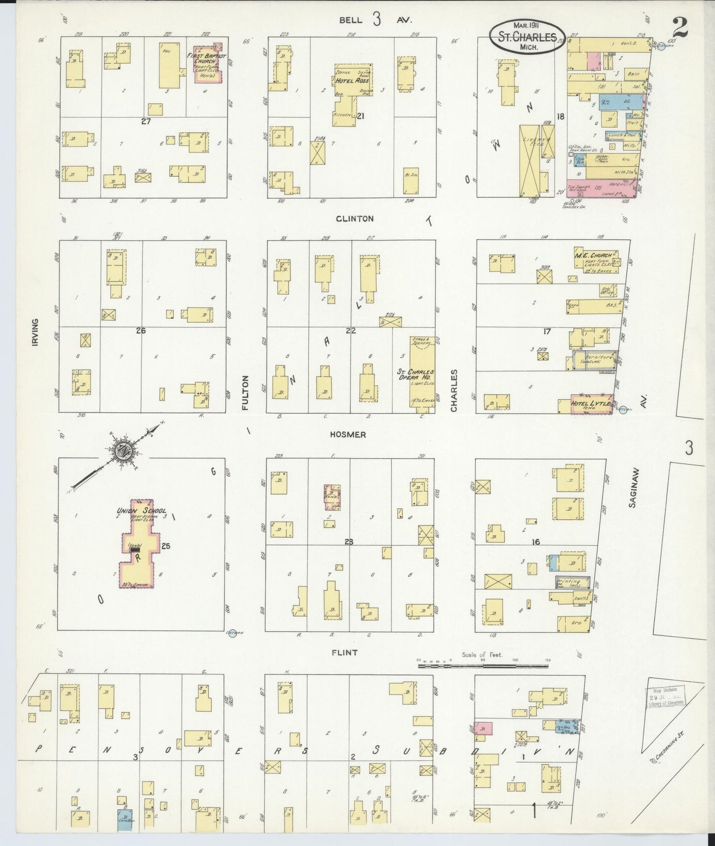 Sanborn Fire Insurance Map from Saint Charles, Saginaw County, Michigan (1911), Sheet #0002 - Historic Sanborn Fire Insurance Map Print, vintage old map wall art, antique decor, genealogy gift, Michigan Michigan map