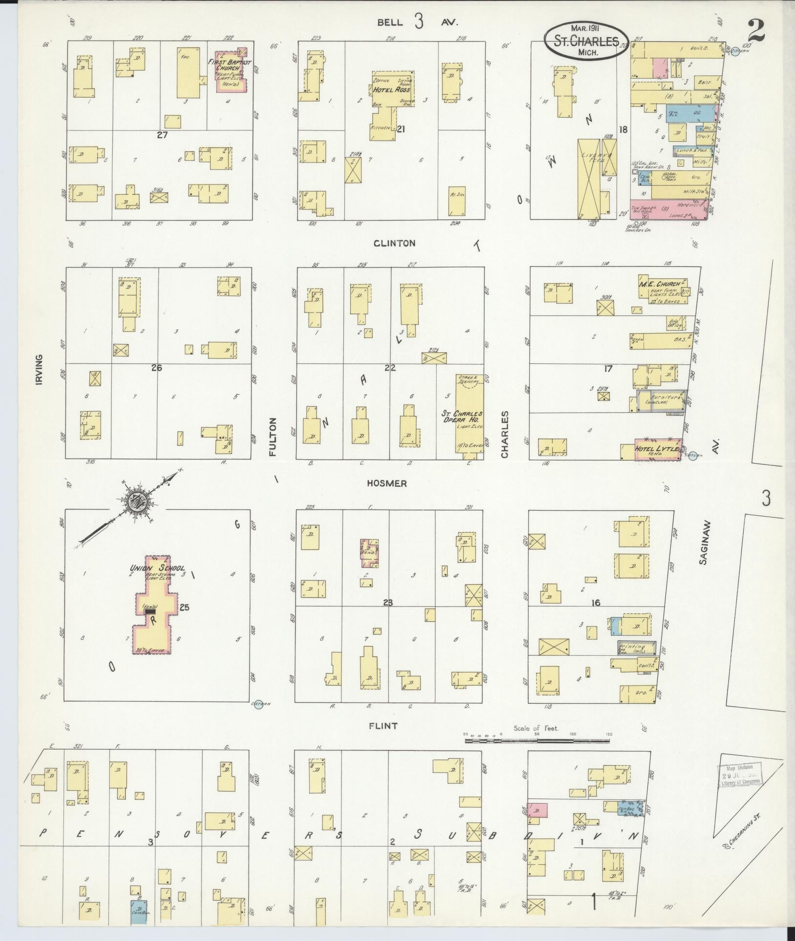 Sanborn Fire Insurance Map from Saint Charles, Saginaw County, Michigan (1911), Sheet #0002 - Historic Sanborn Fire Insurance Map Print, vintage old map wall art, antique decor, genealogy gift, Michigan Michigan map