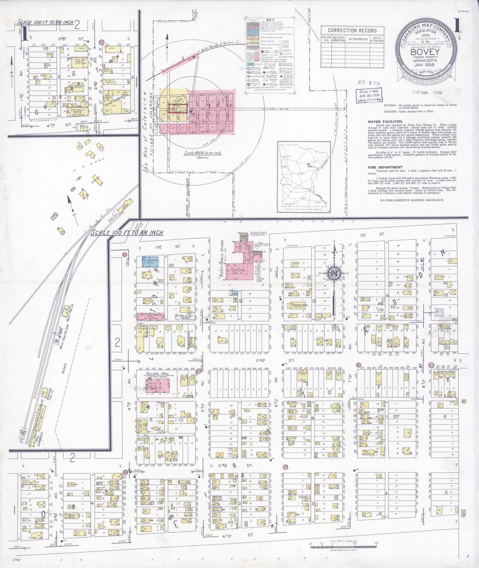 Sanborn Fire Insurance Map from Bovey, Itasca County, Minnesota (1938), Sheet #0001 - Complete Map Set gallery image, historic Sanborn map, vintage wall art, Minnesota Minnesota