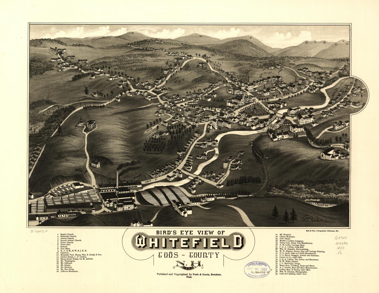 Bird's eye view of Whitefield, Coos County, N.H., 1883. (1883) – Historic Bird’s-Eye View Panorama Print