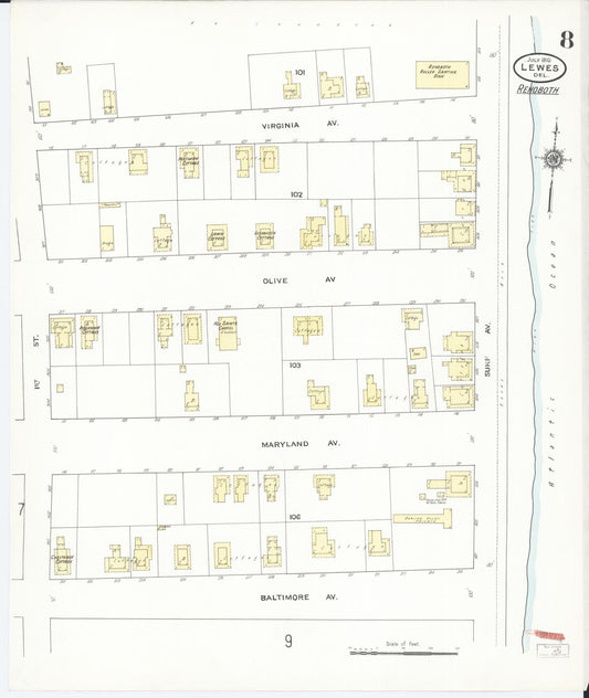 Sanborn Fire Insurance Map from Lewes, Sussex County, Delaware (1910), Sheet #0008 - Historic Sanborn Fire Insurance Map Print, vintage old map wall art, antique decor, genealogy gift, Delaware Delaware map