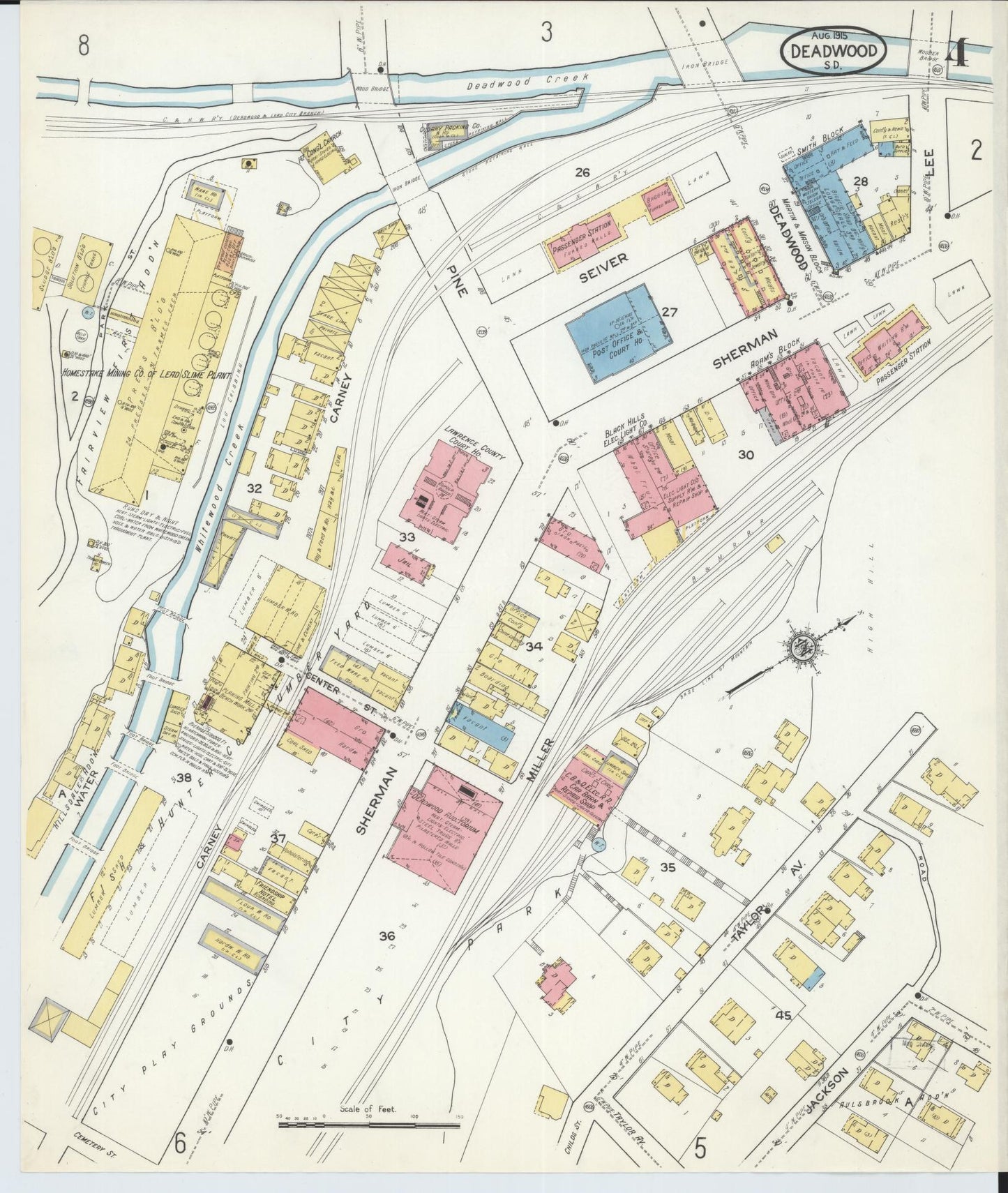 Sanborn Fire Insurance Map from Deadwood, Lawrence County, South Dakota (1915), Sheet #0004 - Historic Sanborn Fire Insurance Map Print, vintage old map wall art, antique decor, genealogy gift, South Dakota South Dakota map