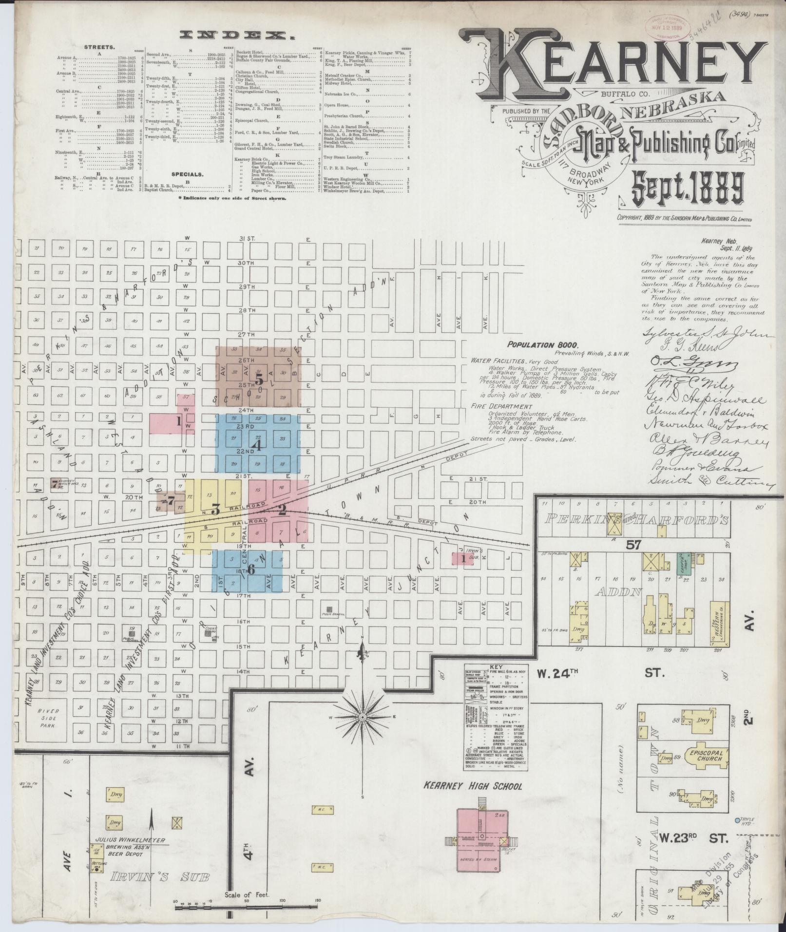 Sanborn Fire Insurance Map from Kearney, Buffalo County, Nebraska (1889), Sheet #0001 - Complete Map Set gallery image, historic Sanborn map, vintage wall art, Nebraska Nebraska