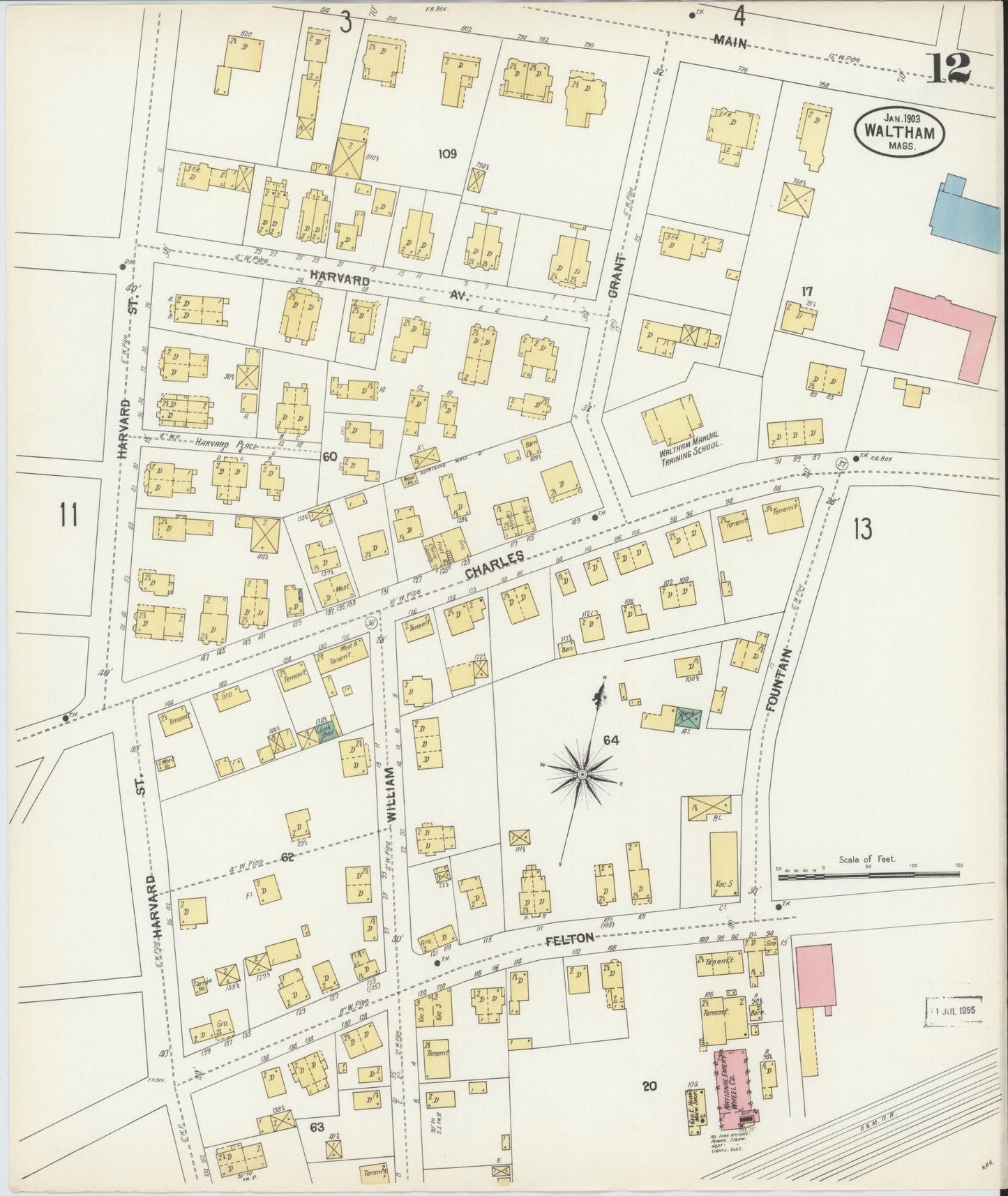 Sanborn Fire Insurance Map from Waltham, Middlesex County, Massachusetts (1903), Sheet #0012 - Complete Map Set gallery image, historic Sanborn map, vintage wall art, Massachusetts Massachusetts