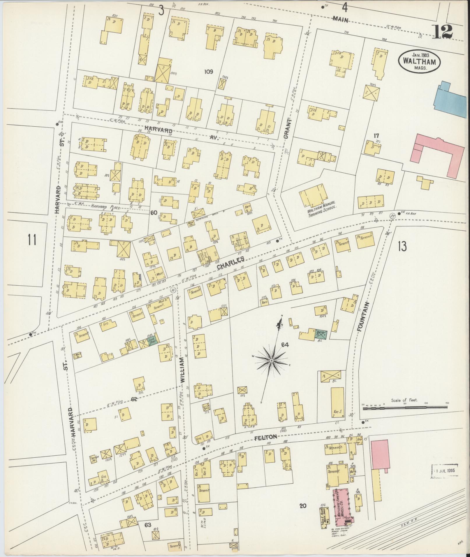 Sanborn Fire Insurance Map from Waltham, Middlesex County, Massachusetts (1903), Sheet #0012 - Complete Map Set gallery image, historic Sanborn map, vintage wall art, Massachusetts Massachusetts