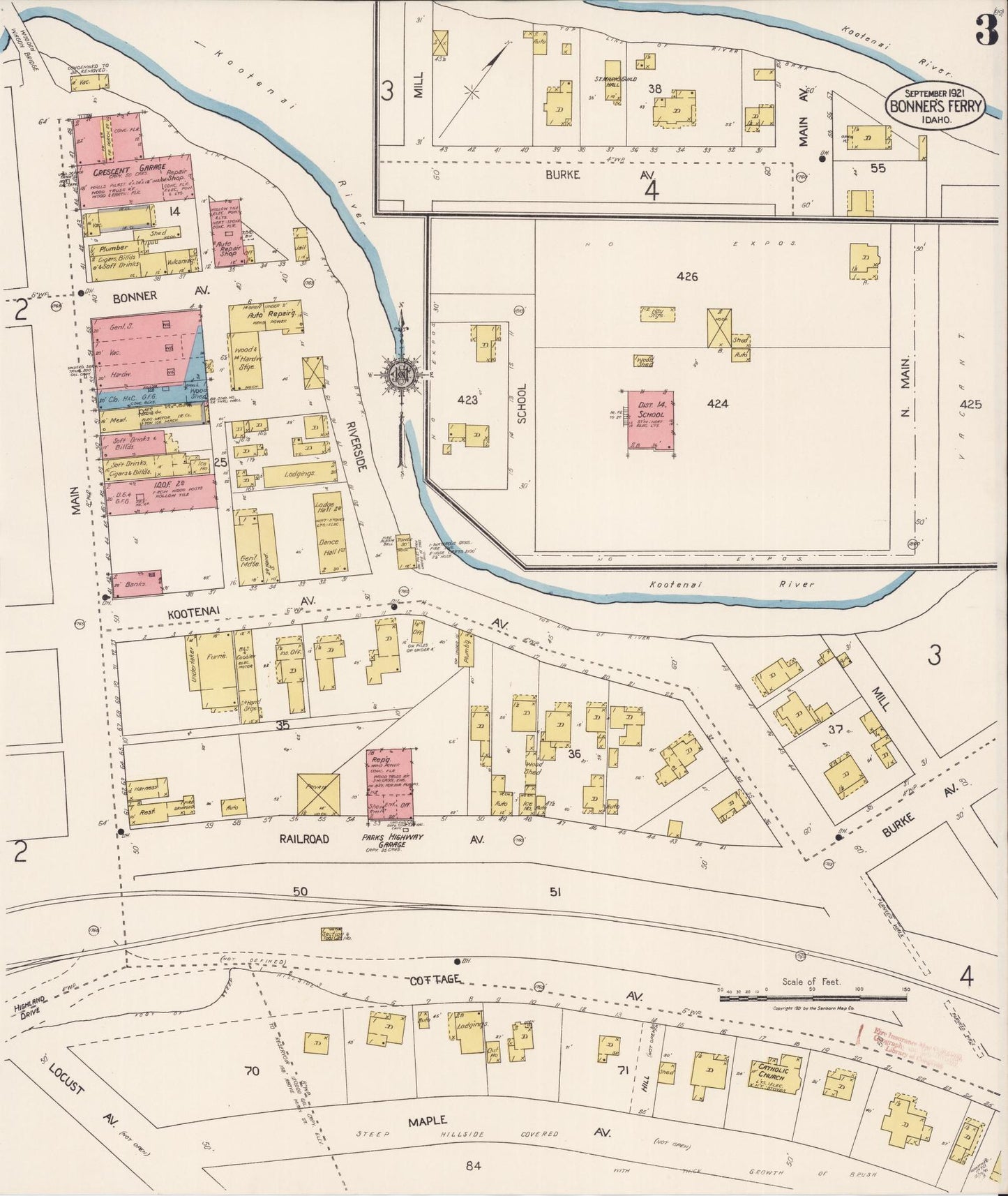 Sanborn Fire Insurance Map from Bonners Ferry, Boundary County, Idaho (1921), Sheet #0003 - Complete Map Set gallery image, historic Sanborn map, vintage wall art, Idaho Idaho