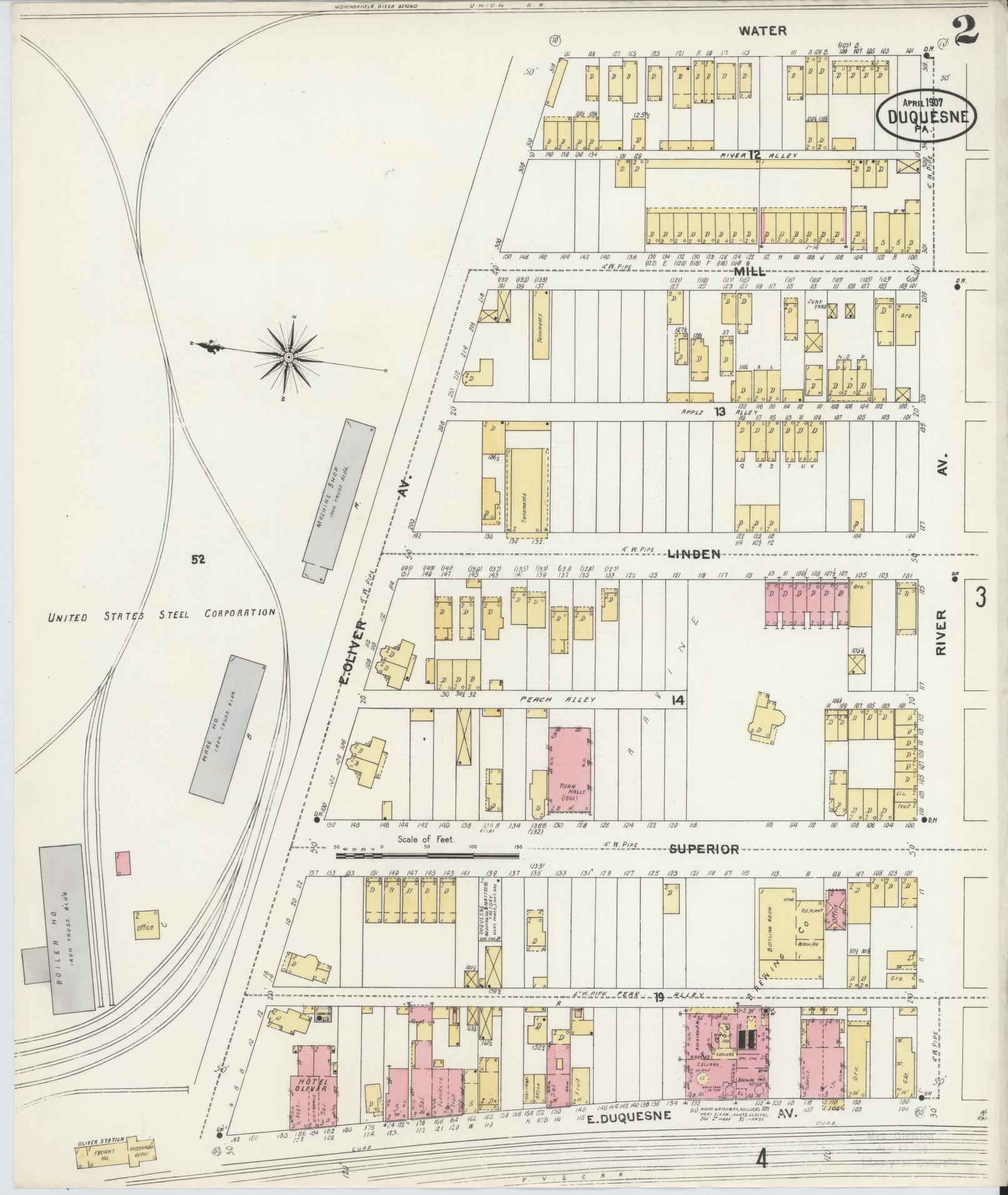 Sanborn Fire Insurance Map from Duquesne, Allegheny County, Pennsylvania (1907), Sheet #0002 - Historic Sanborn Fire Insurance Map Print, vintage old map wall art, antique decor, genealogy gift, Pennsylvania Pennsylvania map