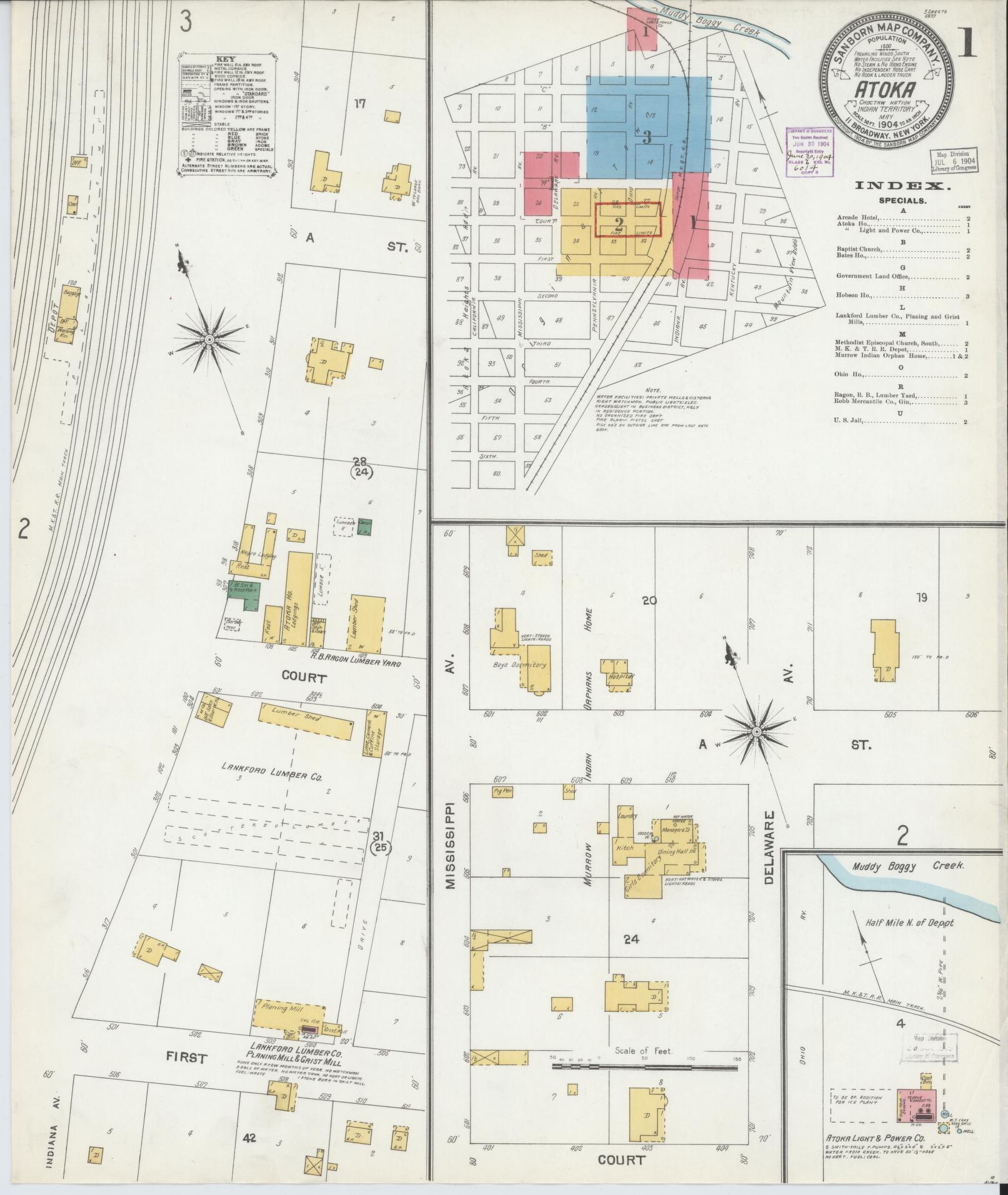 Sanborn Fire Insurance Map from Atoka, Atoka County, Oklahoma (1904), Sheet #0001 - Historic Sanborn Fire Insurance Map Print, vintage old map wall art, antique decor, genealogy gift, Oklahoma Oklahoma map