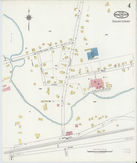 Sanborn Fire Insurance Map from Manchester, Hartford County, Connecticut (1919), Sheet #0004 - Historic Sanborn Fire Insurance Map Print, vintage old map wall art, antique decor, genealogy gift, Connecticut Connecticut map