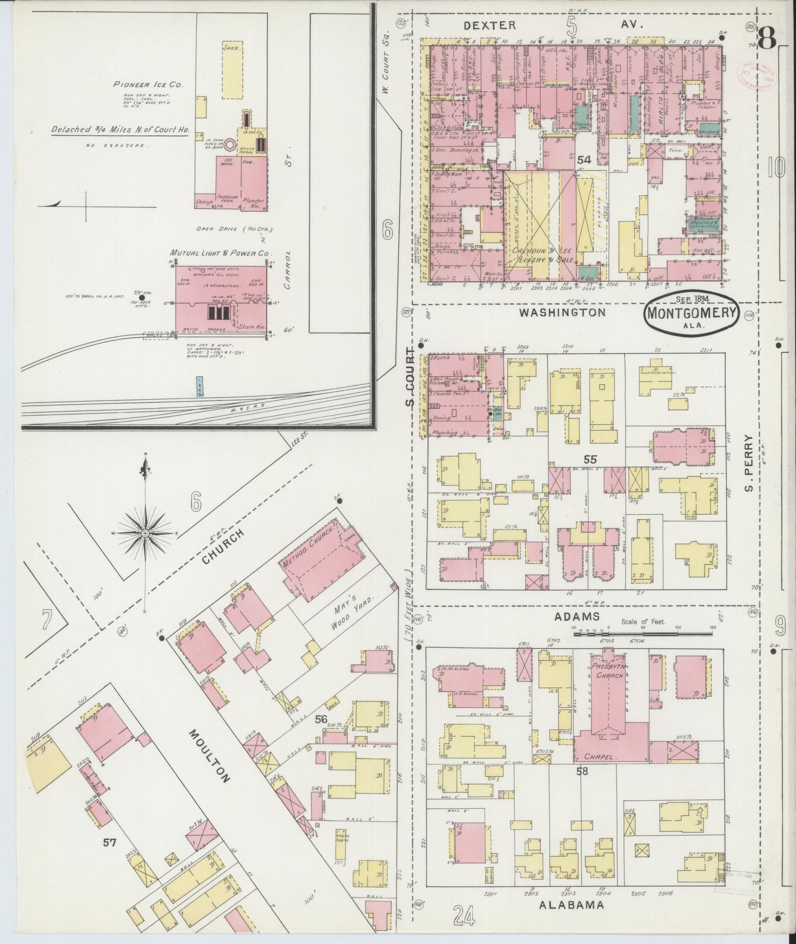 Sanborn Fire Insurance Map from Montgomery, Montgomery County, Alabama (1894), Sheet #0008 - Historic Sanborn Fire Insurance Map Print, vintage old map wall art, antique decor, genealogy gift, Alabama Alabama map