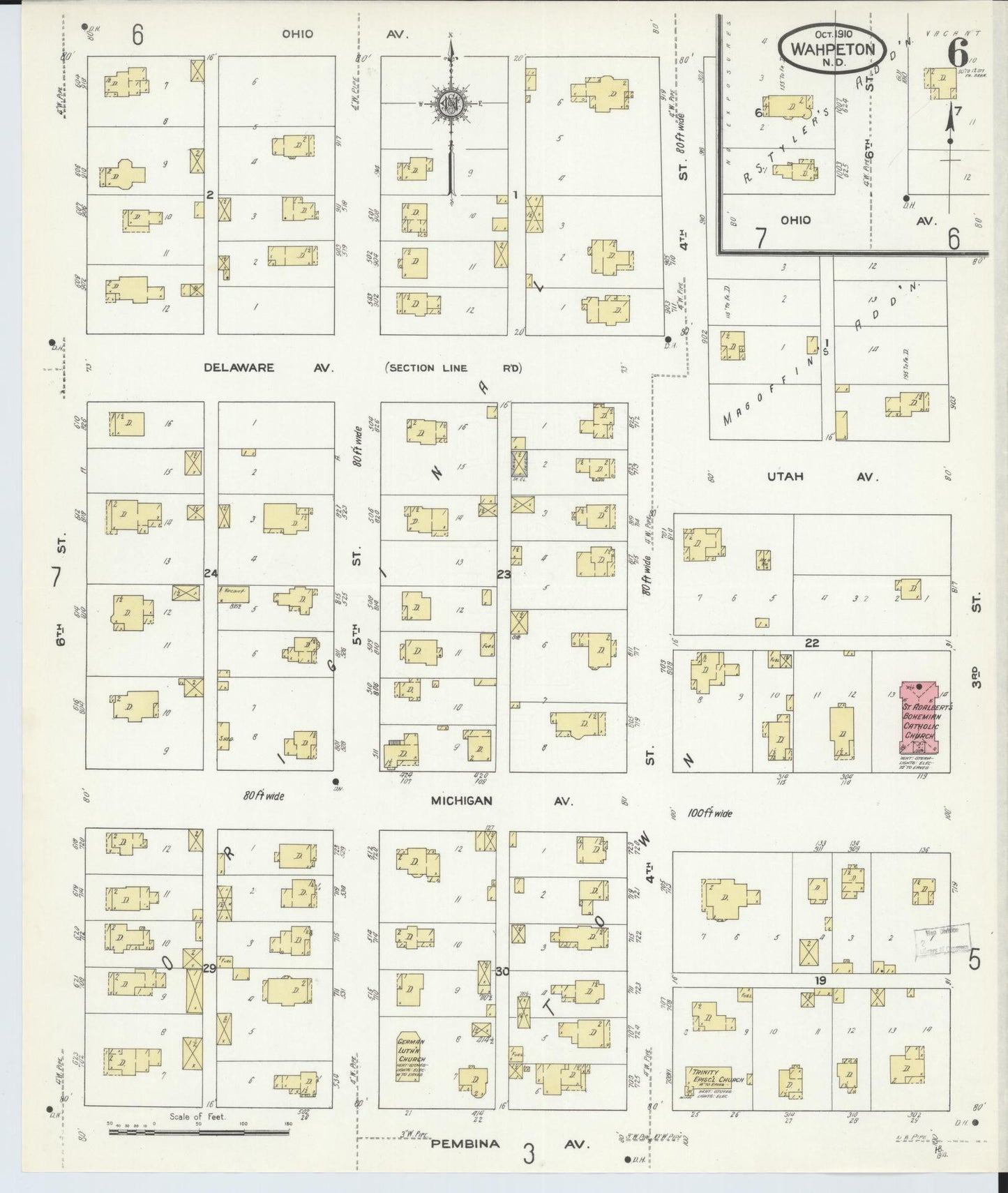 Sanborn Fire Insurance Map from Wahpeton, Richland County, North Dakota (1910), Sheet #0006 - Historic Sanborn Fire Insurance Map Print, vintage old map wall art, antique decor, genealogy gift, North Dakota North Dakota map