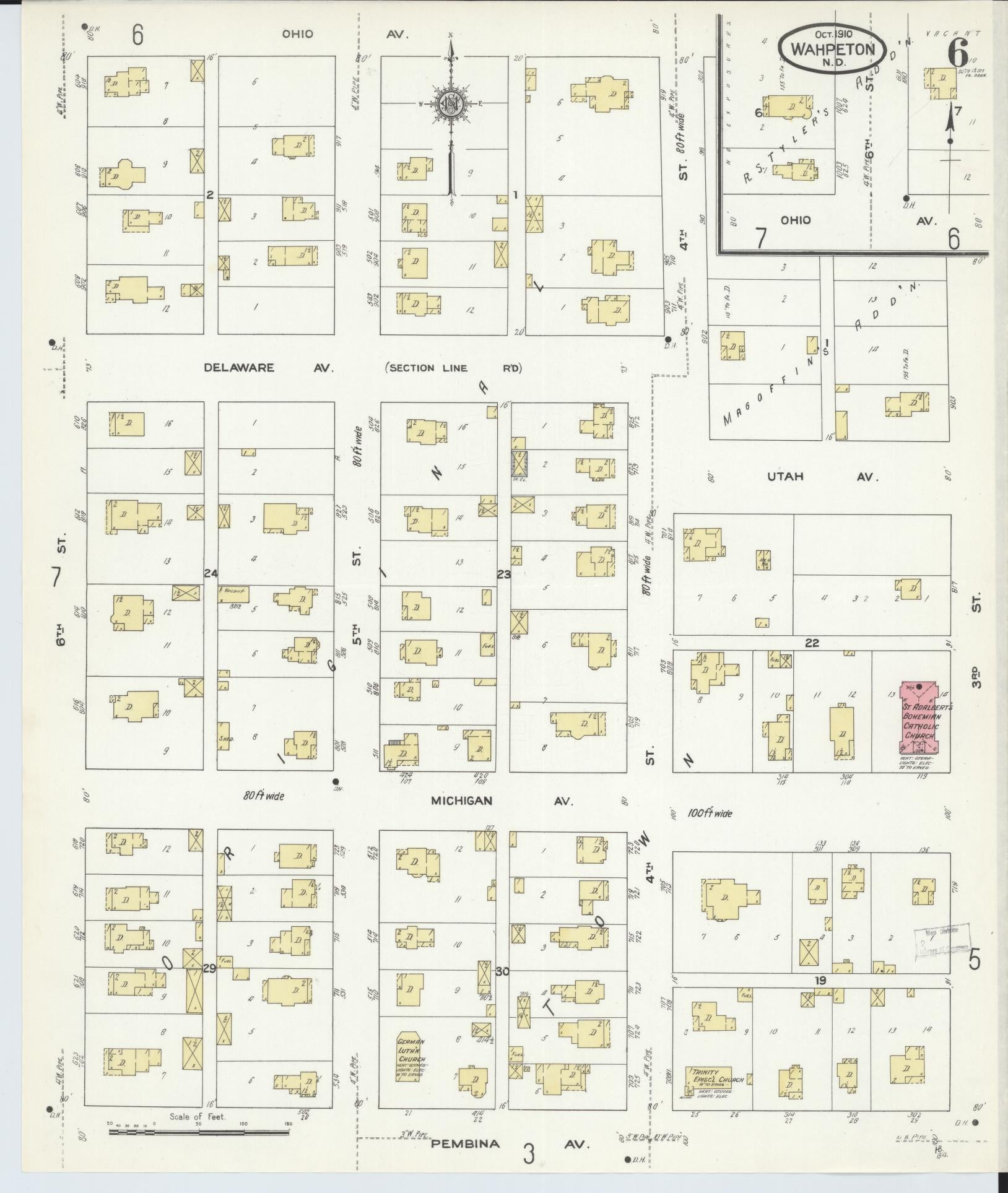 Sanborn Fire Insurance Map from Wahpeton, Richland County, North Dakota (1910), Sheet #0006 - Historic Sanborn Fire Insurance Map Print, vintage old map wall art, antique decor, genealogy gift, North Dakota North Dakota map