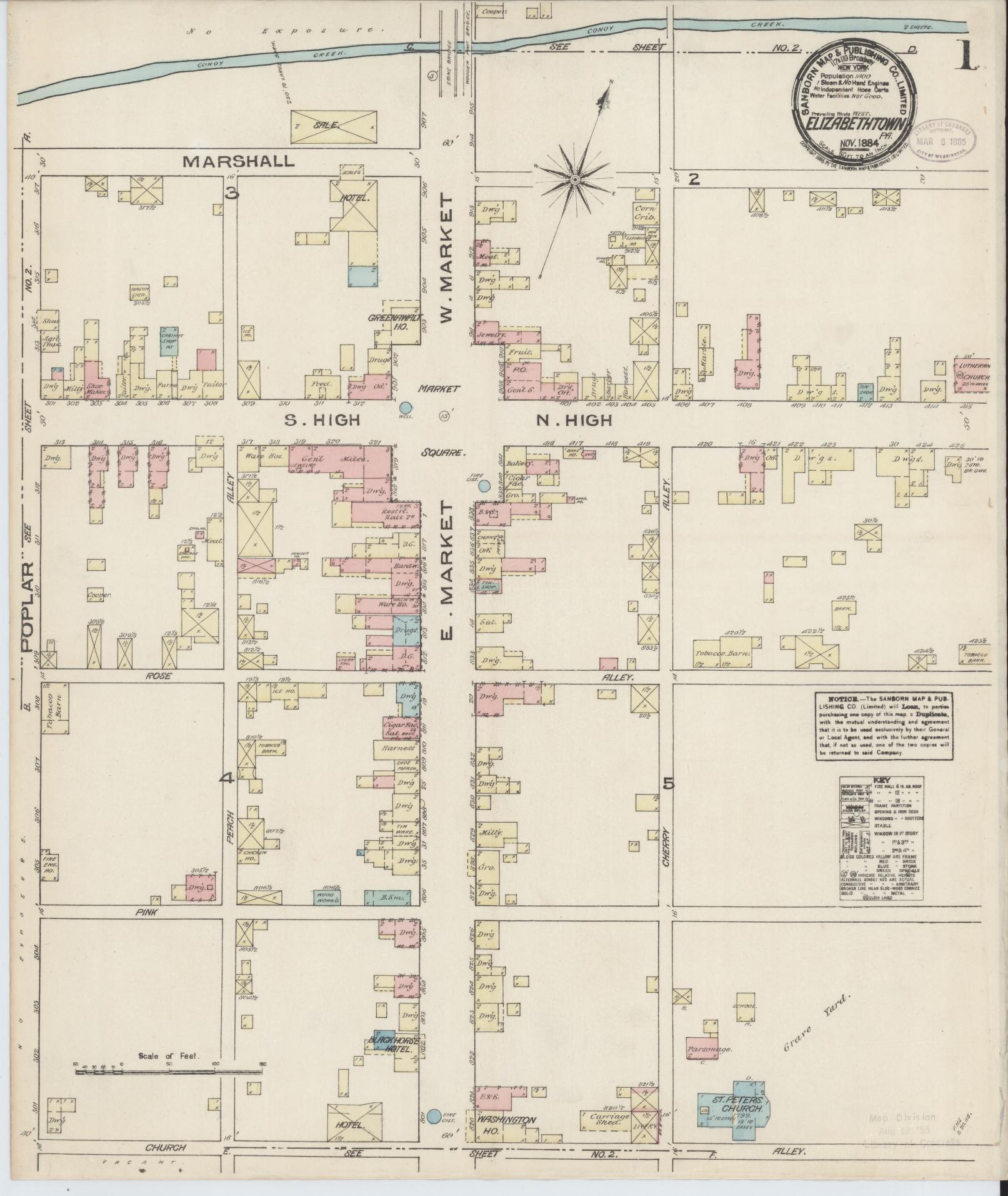 Sanborn Fire Insurance Map from Elizabethtown, Lancaster County, Pennsylvania (1884), Sheet #0001 - Historic Sanborn Fire Insurance Map Print, vintage old map wall art, antique decor, genealogy gift, Pennsylvania Pennsylvania map