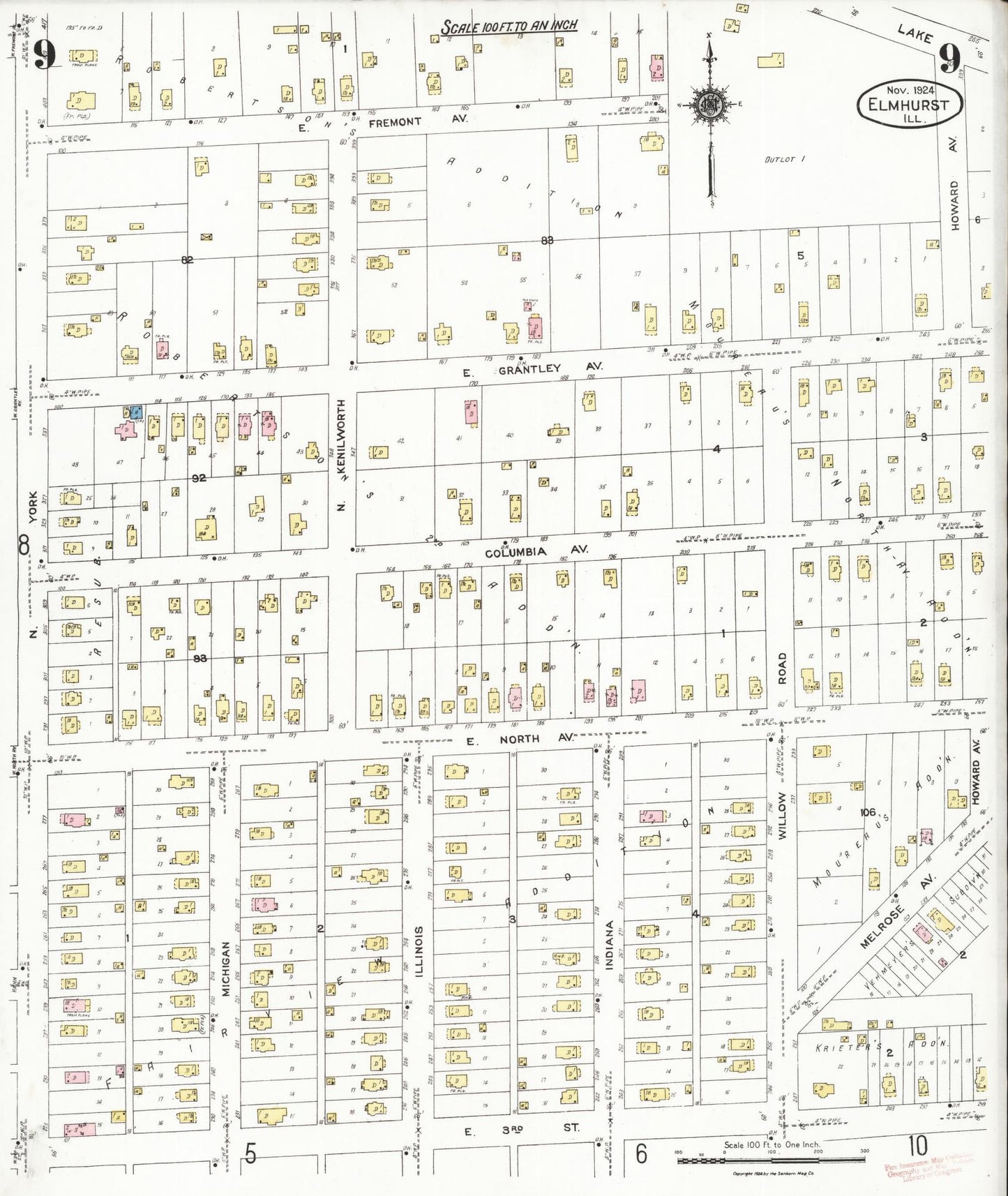 Sanborn Fire Insurance Map from Elmhurst, Du Page County, Illinois (1924), Sheet #0009 - Complete Map Set gallery image, historic Sanborn map, vintage wall art, Illinois Illinois