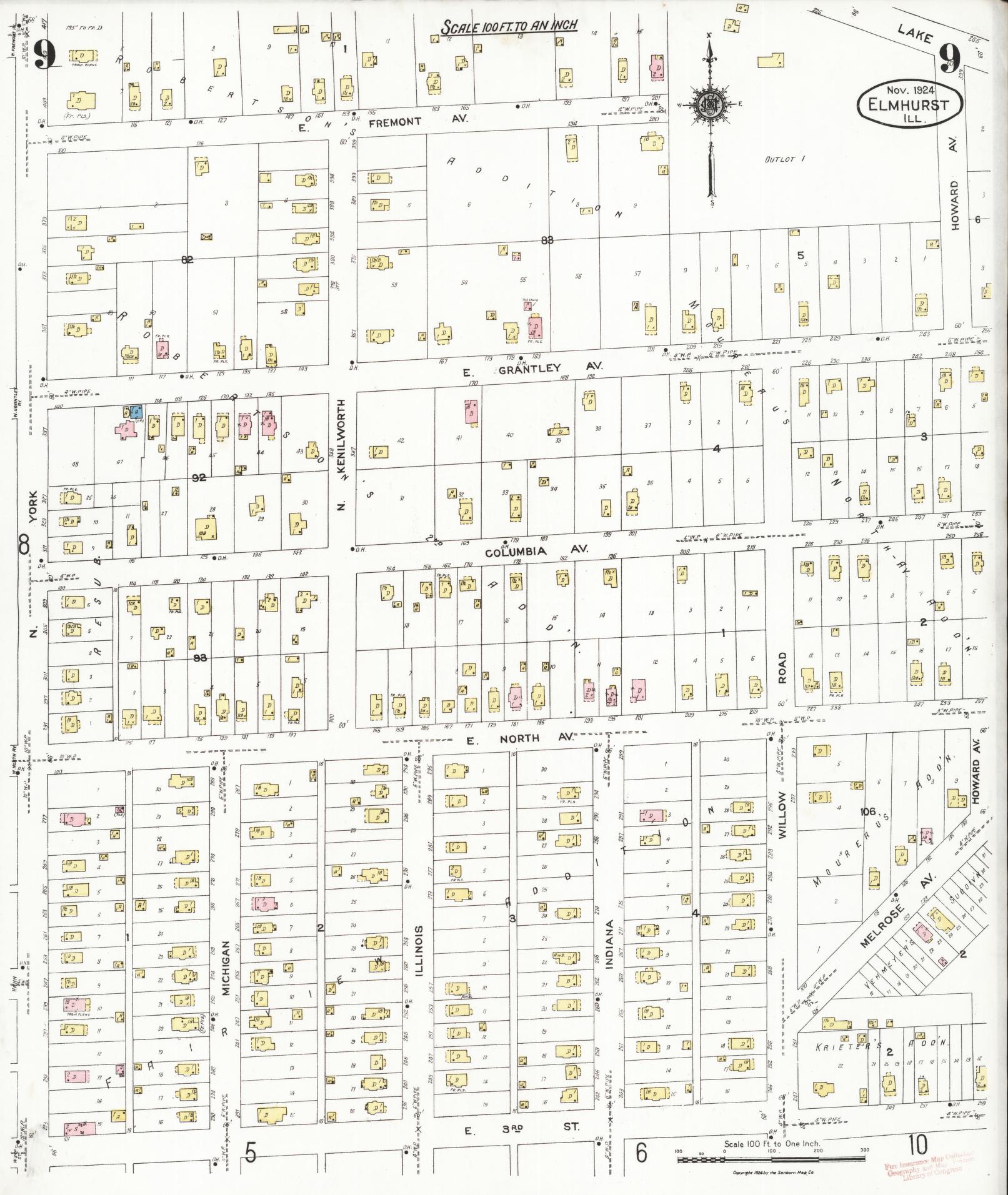 Sanborn Fire Insurance Map from Elmhurst, Du Page County, Illinois (1924), Sheet #0009 - Complete Map Set gallery image, historic Sanborn map, vintage wall art, Illinois Illinois
