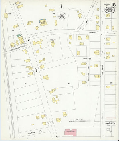Sanborn Fire Insurance Map from Wakefield, Middlesex County, Massachusetts (1909), Sheet #0016 - Historic Sanborn Fire Insurance Map Print, vintage old map wall art, antique decor, genealogy gift, Massachusetts Massachusetts map