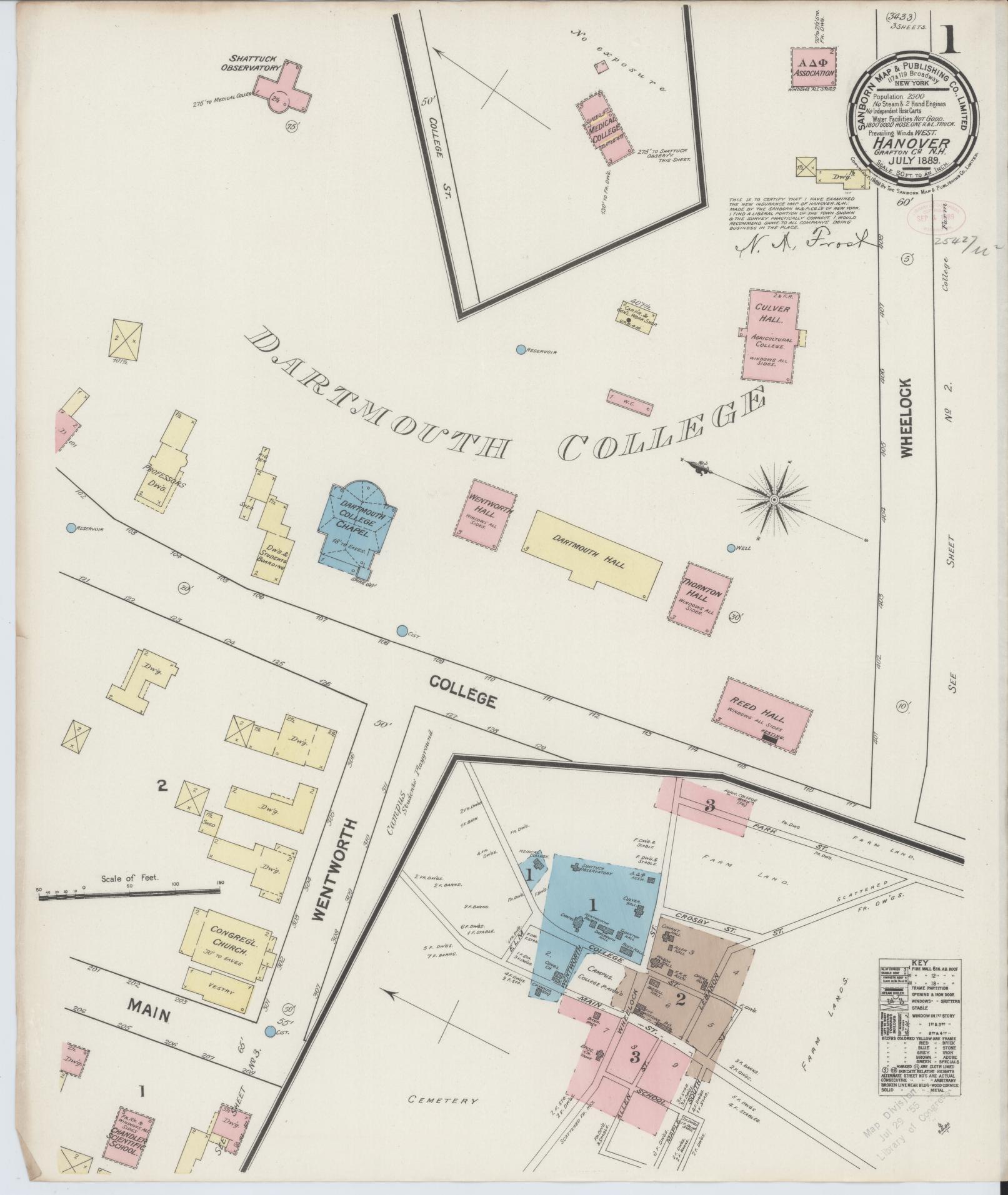 Sanborn Fire Insurance Map from Hanover, Grafton County, New Hampshire (1889), Sheet #0001 - Historic Sanborn Fire Insurance Map Print, vintage old map wall art, antique decor, genealogy gift, New Hampshire New Hampshire map