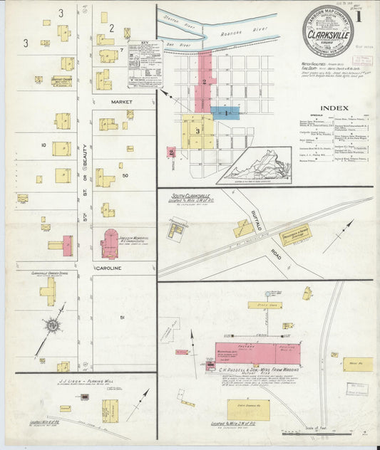 Sanborn Fire Insurance Map from Clarksville, Mecklenburg County, Virginia (1913), Sheet #0001 - Historic Sanborn Fire Insurance Map Print, vintage old map wall art, antique decor, genealogy gift, Virginia Virginia map