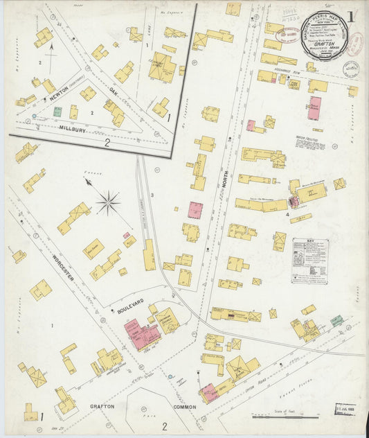 Sanborn Fire Insurance Map from Grafton, Worcester County, Massachusetts (1889), Sheet #0001 - Historic Sanborn Fire Insurance Map Print, vintage old map wall art, antique decor, genealogy gift, Massachusetts Massachusetts map