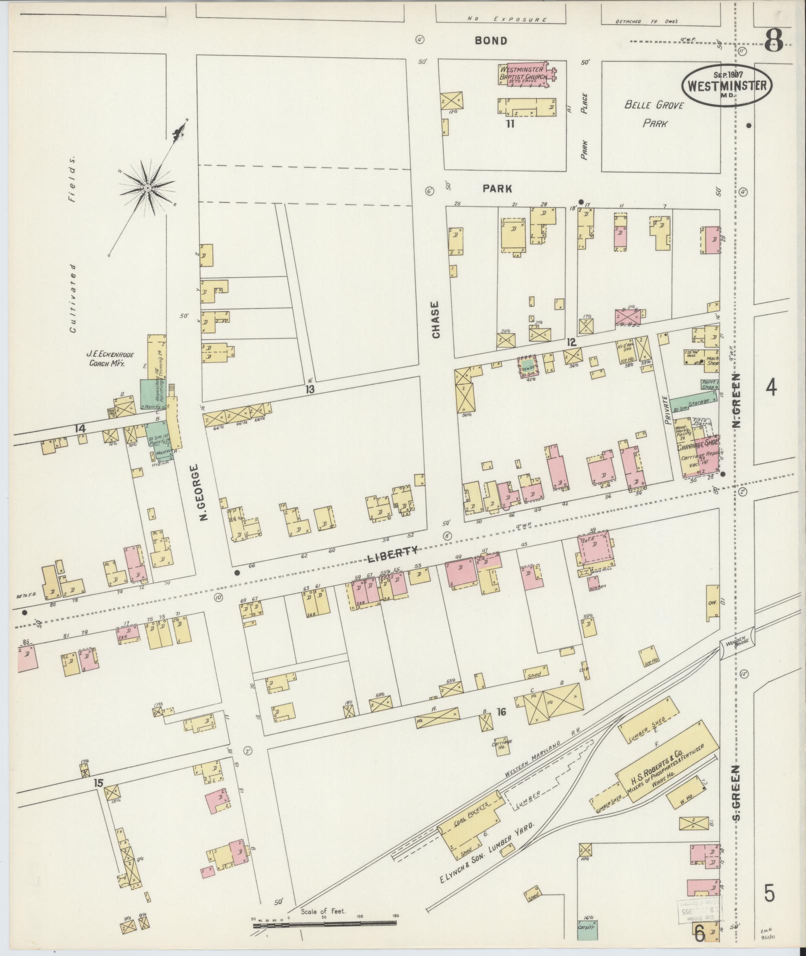 Sanborn Fire Insurance Map from Westminster, Carroll County, Maryland (1897), Sheet #0008 - Historic Sanborn Fire Insurance Map Print, vintage old map wall art, antique decor, genealogy gift, Maryland Maryland map