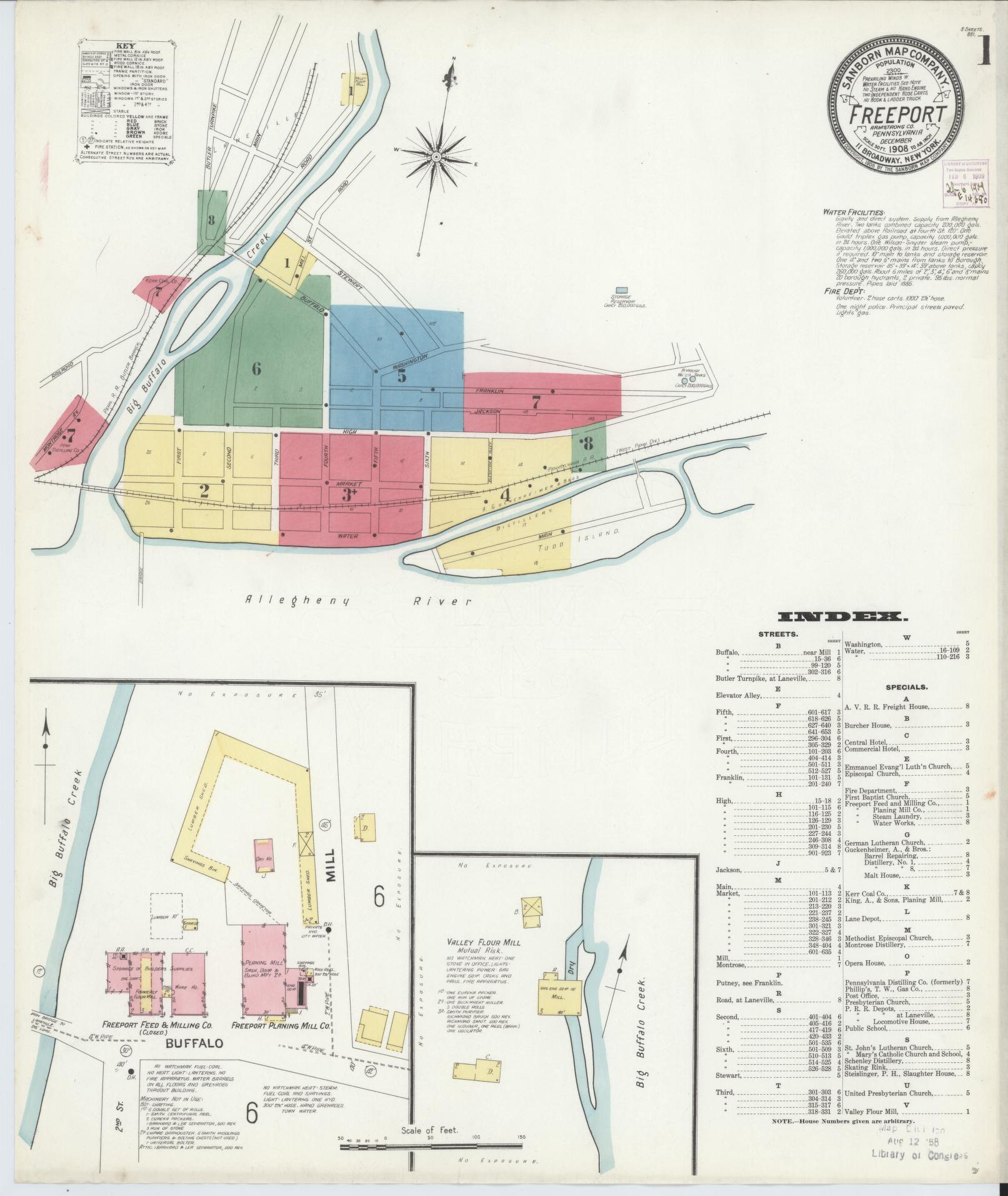 Sanborn Fire Insurance Map from Freeport, Armstrong County, Pennsylvania (1908), Sheet #0001 - Historic Sanborn Fire Insurance Map Print, vintage old map wall art, antique decor, genealogy gift, Pennsylvania Pennsylvania map