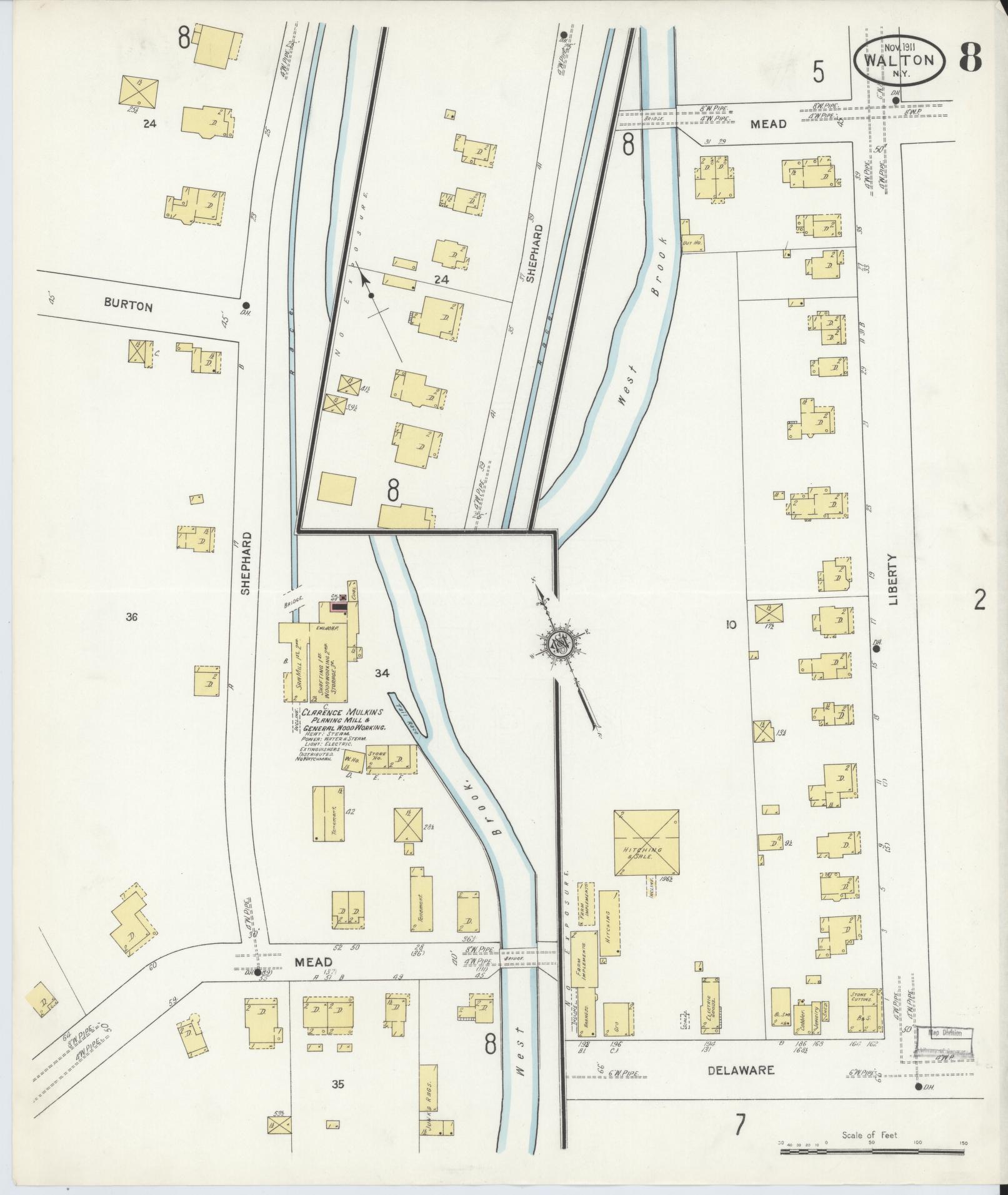 Sanborn Fire Insurance Map from Walton, Delaware County, New York (1911), Sheet #0008 - Historic Sanborn Fire Insurance Map Print, vintage old map wall art, antique decor, genealogy gift, Walton Delaware map