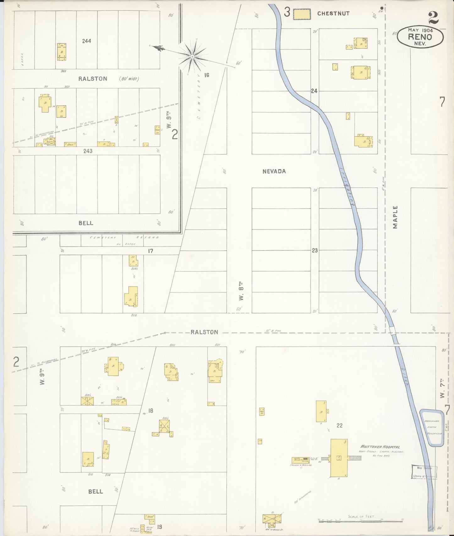Sanborn Fire Insurance Map from Reno, Washoe County, Nevada (1904), Sheet #0002 - Historic Sanborn Fire Insurance Map Print, vintage old map wall art, antique decor, genealogy gift, Nevada Nevada map