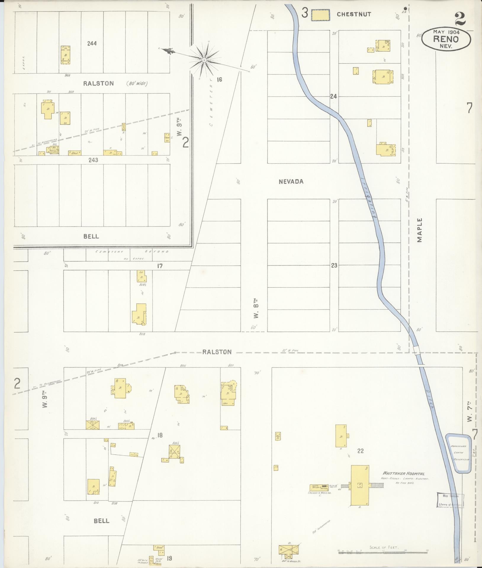Sanborn Fire Insurance Map from Reno, Washoe County, Nevada (1904), Sheet #0002 - Historic Sanborn Fire Insurance Map Print, vintage old map wall art, antique decor, genealogy gift, Nevada Nevada map