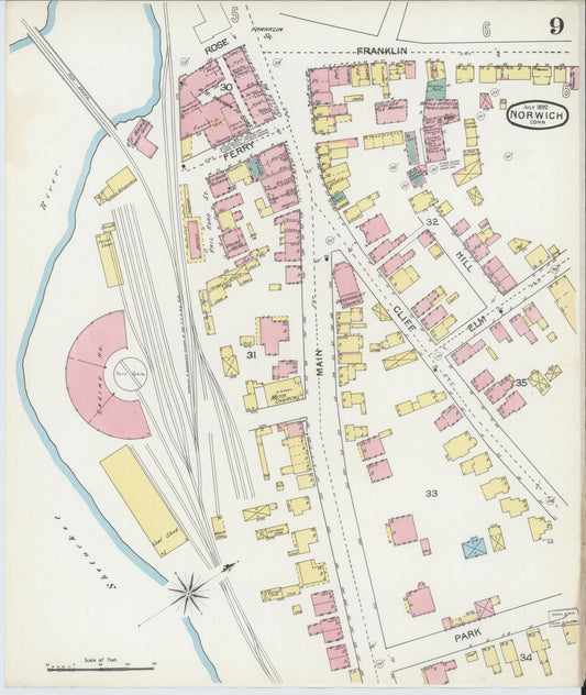 Sanborn Fire Insurance Map from Norwich, New London County, Connecticut (1892), Sheet #0009 - Historic Sanborn Fire Insurance Map Print, vintage old map wall art, antique decor, genealogy gift, Connecticut Connecticut map