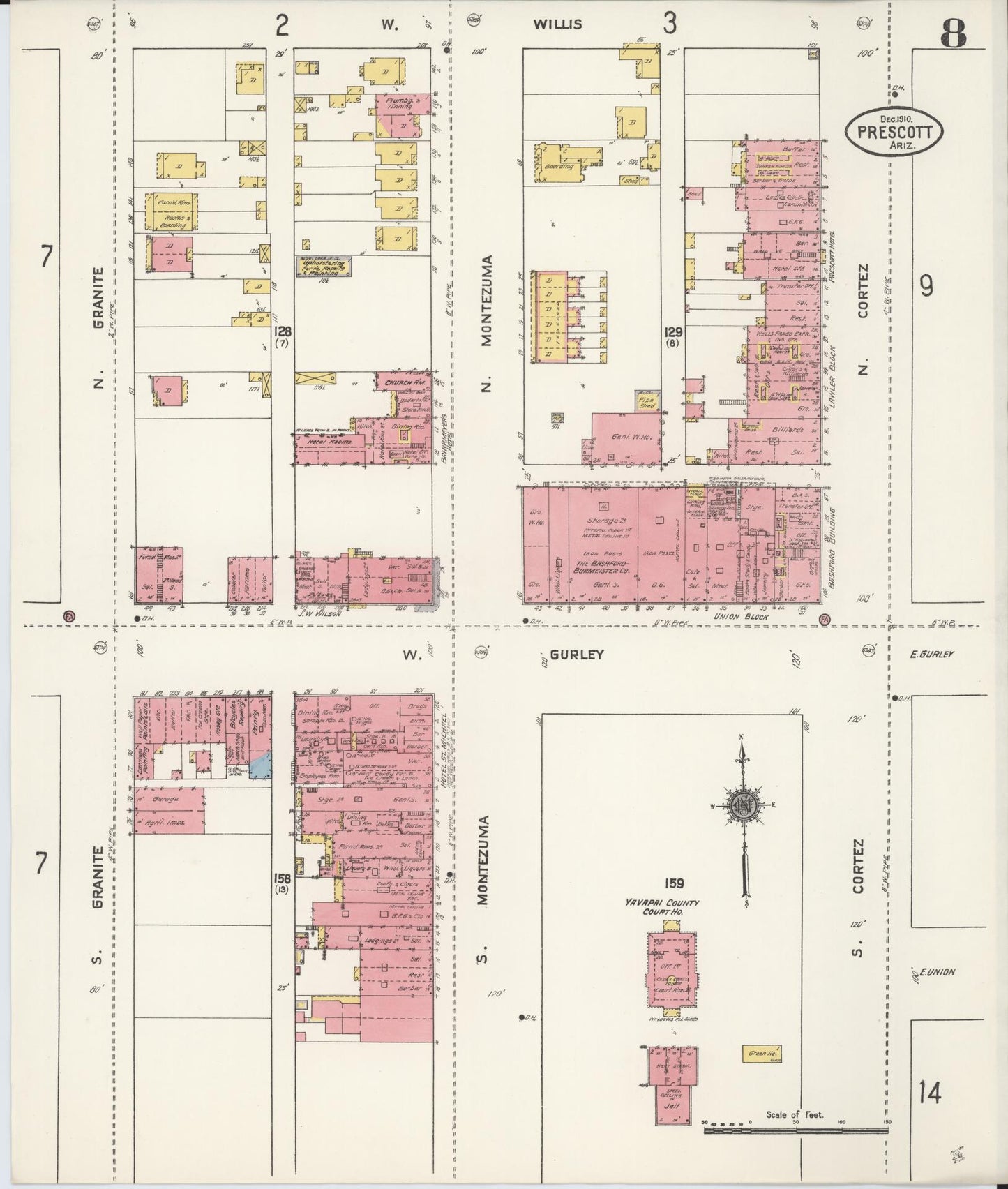 Sanborn Fire Insurance Map from Prescott, Yavapai County, Arizona (1910), Sheet #0008 - Historic Sanborn Fire Insurance Map Print, vintage old map wall art, antique decor, genealogy gift, Arizona Arizona map