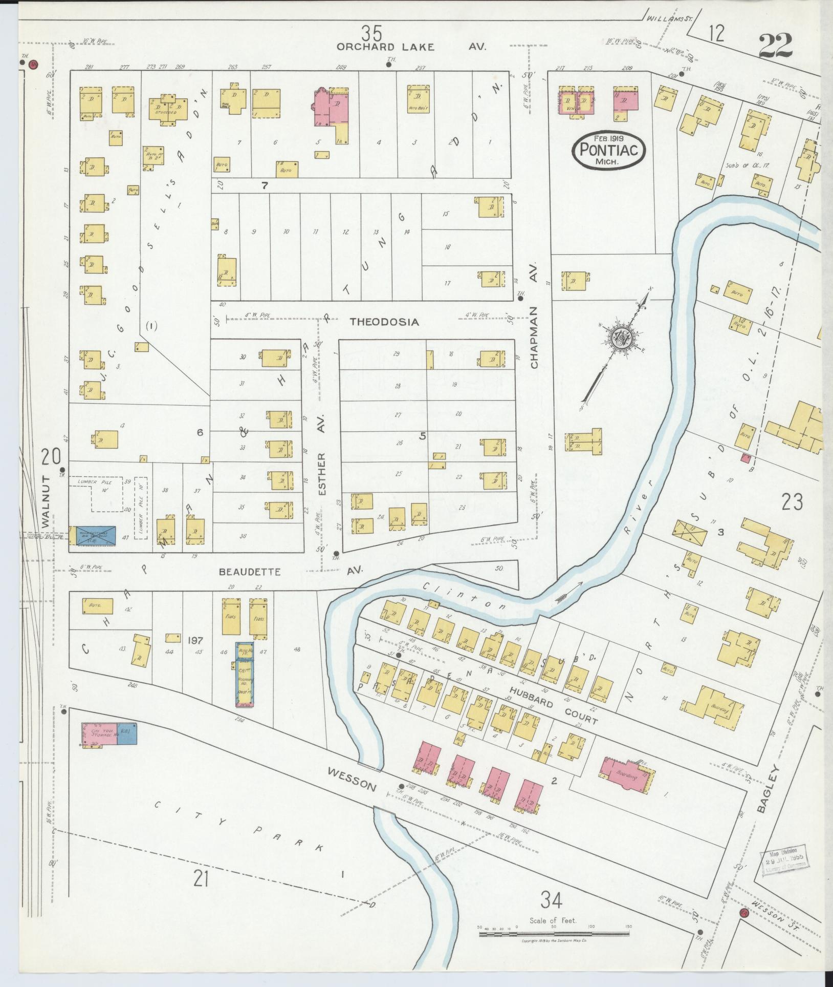 Sanborn Fire Insurance Map from Pontiac, Oakland County, Michigan (1919), Sheet #0022 - Historic Sanborn Fire Insurance Map Print, vintage old map wall art, antique decor, genealogy gift, Michigan Michigan map