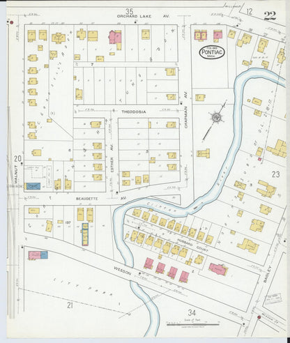 Sanborn Fire Insurance Map from Pontiac, Oakland County, Michigan (1919), Sheet #0022 - Historic Sanborn Fire Insurance Map Print, vintage old map wall art, antique decor, genealogy gift, Michigan Michigan map