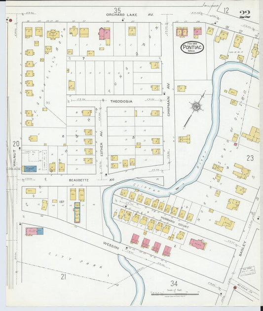 Sanborn Fire Insurance Map from Pontiac, Oakland County, Michigan (1919), Sheet #0022 - Historic Sanborn Fire Insurance Map Print, vintage old map wall art, antique decor, genealogy gift, Michigan Michigan map