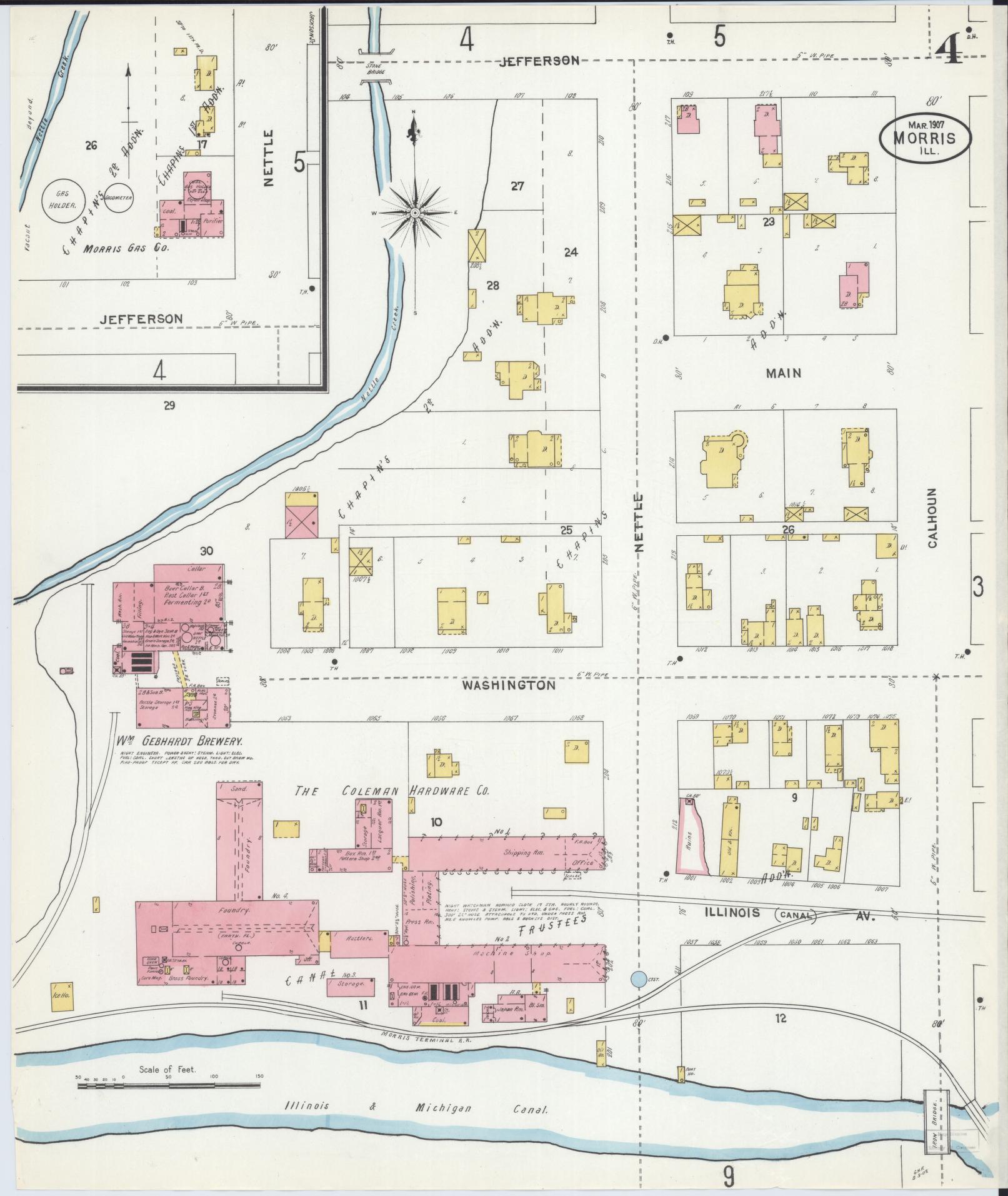 Sanborn Fire Insurance Map from Morris, Grundy County, Illinois (1907), Sheet #0004 - Complete Map Set gallery image, historic Sanborn map, vintage wall art, Illinois Illinois