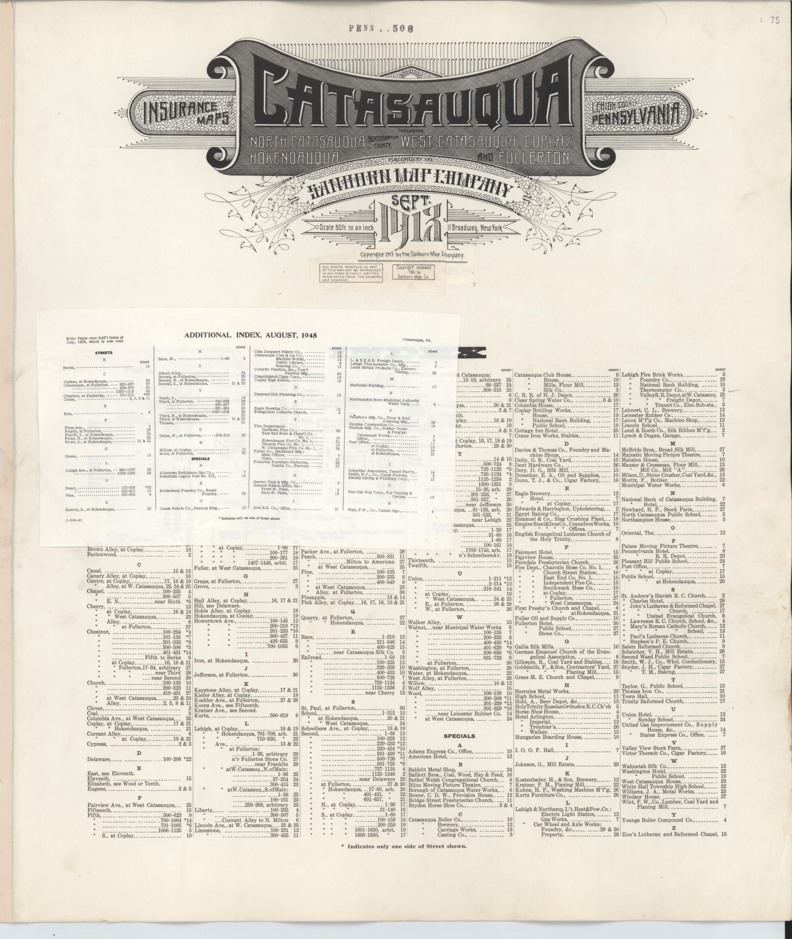 Sanborn Fire Insurance Map from Catasauqua, Lehigh County, Pennsylvania (1948), Sheet #0001 - Historic Sanborn Fire Insurance Map Print, vintage old map wall art, antique decor, genealogy gift, Pennsylvania Pennsylvania map