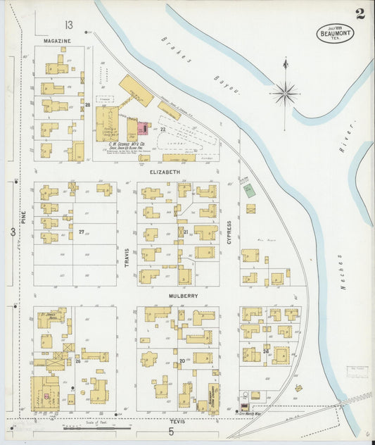 Sanborn Fire Insurance Map from Beaumont, Jefferson County, Texas (1899), Sheet #0002 - Historic Sanborn Fire Insurance Map Print, vintage old map wall art, antique decor, genealogy gift, Texas Texas map