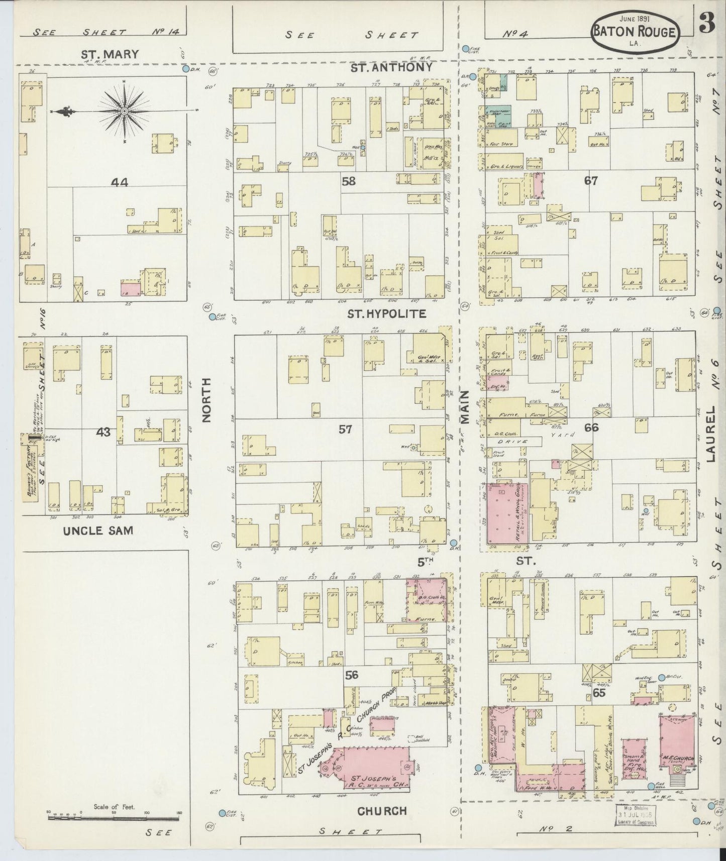 Sanborn Fire Insurance Map from Baton Rouge, East Baton Rouge Parish, Louisiana (1891), Sheet #0003 - Complete Map Set gallery image, historic Sanborn map, vintage wall art, Louisiana Louisiana