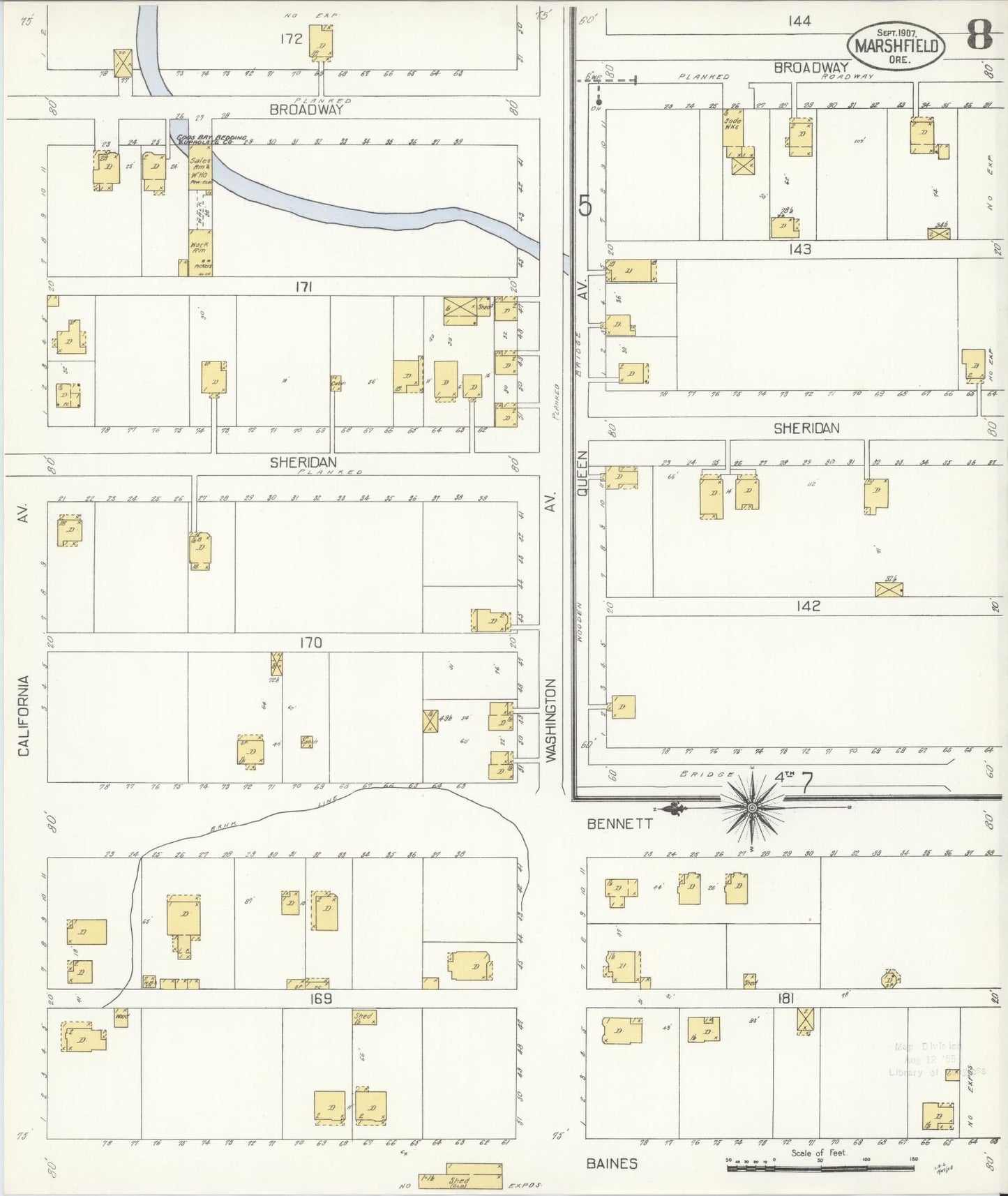 Sanborn Fire Insurance Map from Marshfield, Coos County, Oregon (1907), Sheet #0008 - Complete Map Set gallery image, historic Sanborn map, vintage wall art, Oregon Oregon
