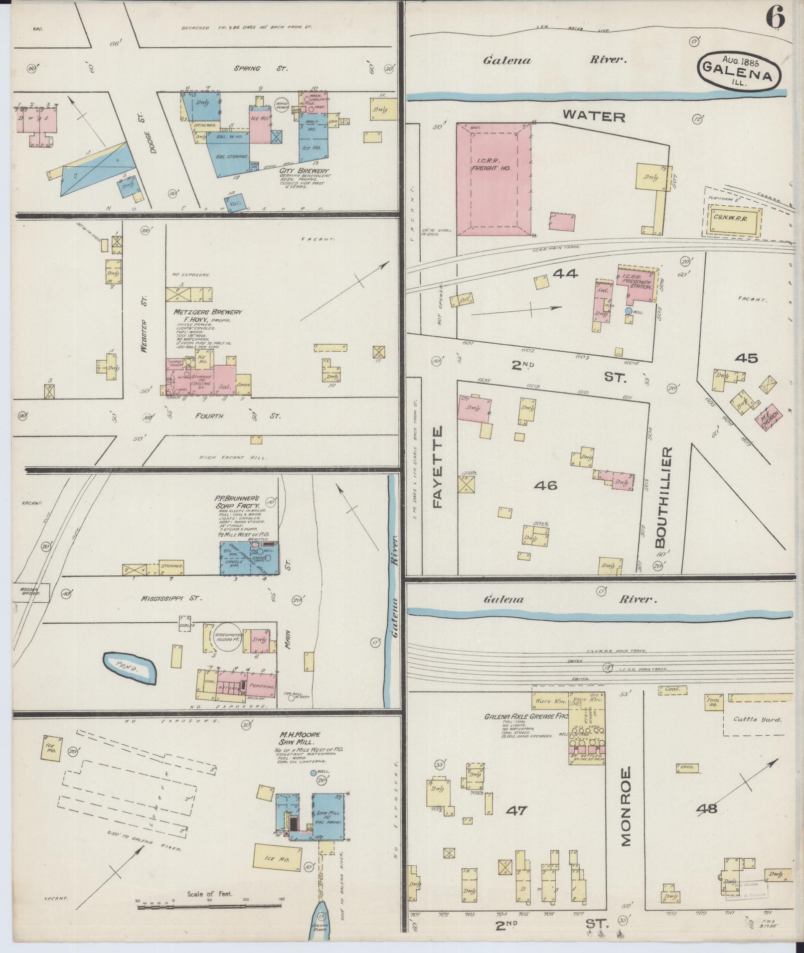 Sanborn Fire Insurance Map from Galena, Jo Daviess County, Illinois (1885), Sheet #0006 - Historic Sanborn Fire Insurance Map Print, vintage old map wall art, antique decor, genealogy gift, Illinois Illinois map