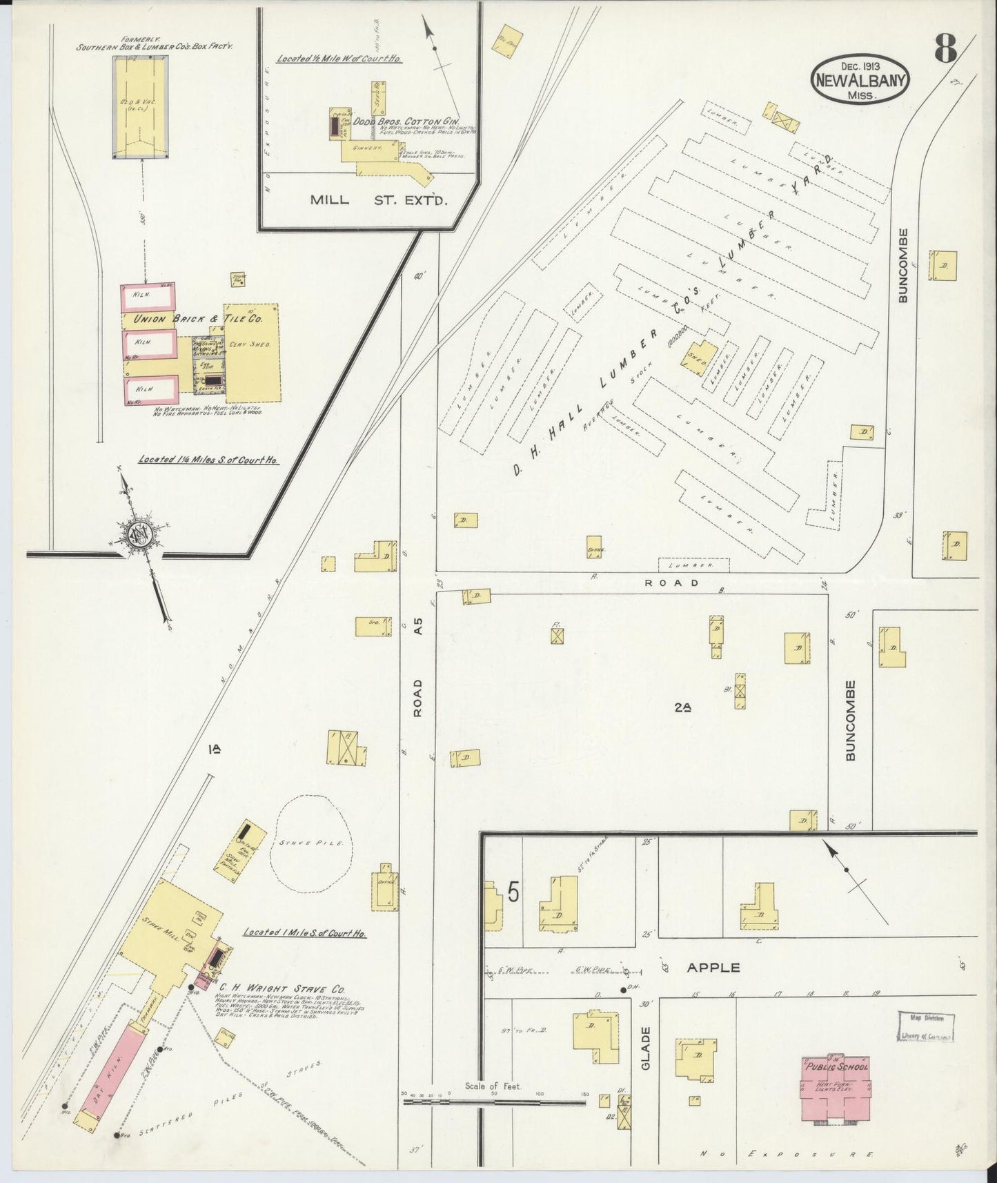 Sanborn Fire Insurance Map from New Albany, Union County, Mississippi (1913), Sheet #0008 - Historic Sanborn Fire Insurance Map Print, vintage old map wall art, antique decor, genealogy gift, Mississippi Mississippi map