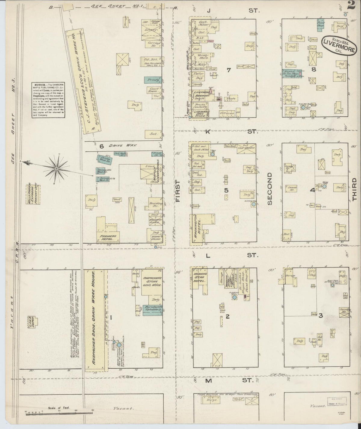 Sanborn Fire Insurance Map from Livermore, Alameda County, California (1884), Sheet #0002 - Complete Map Set gallery image, historic Sanborn map, vintage wall art, California California