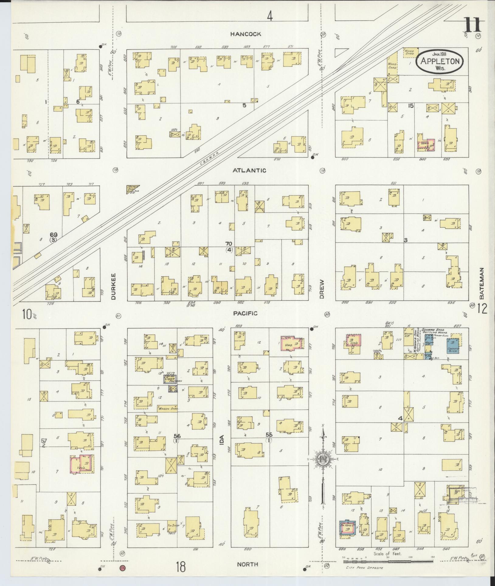 Sanborn Fire Insurance Map from Appleton, Outagamie County, Wisconsin (1911), Sheet #0011 - Historic Sanborn Fire Insurance Map Print, vintage old map wall art, antique decor, genealogy gift, Wisconsin Wisconsin map