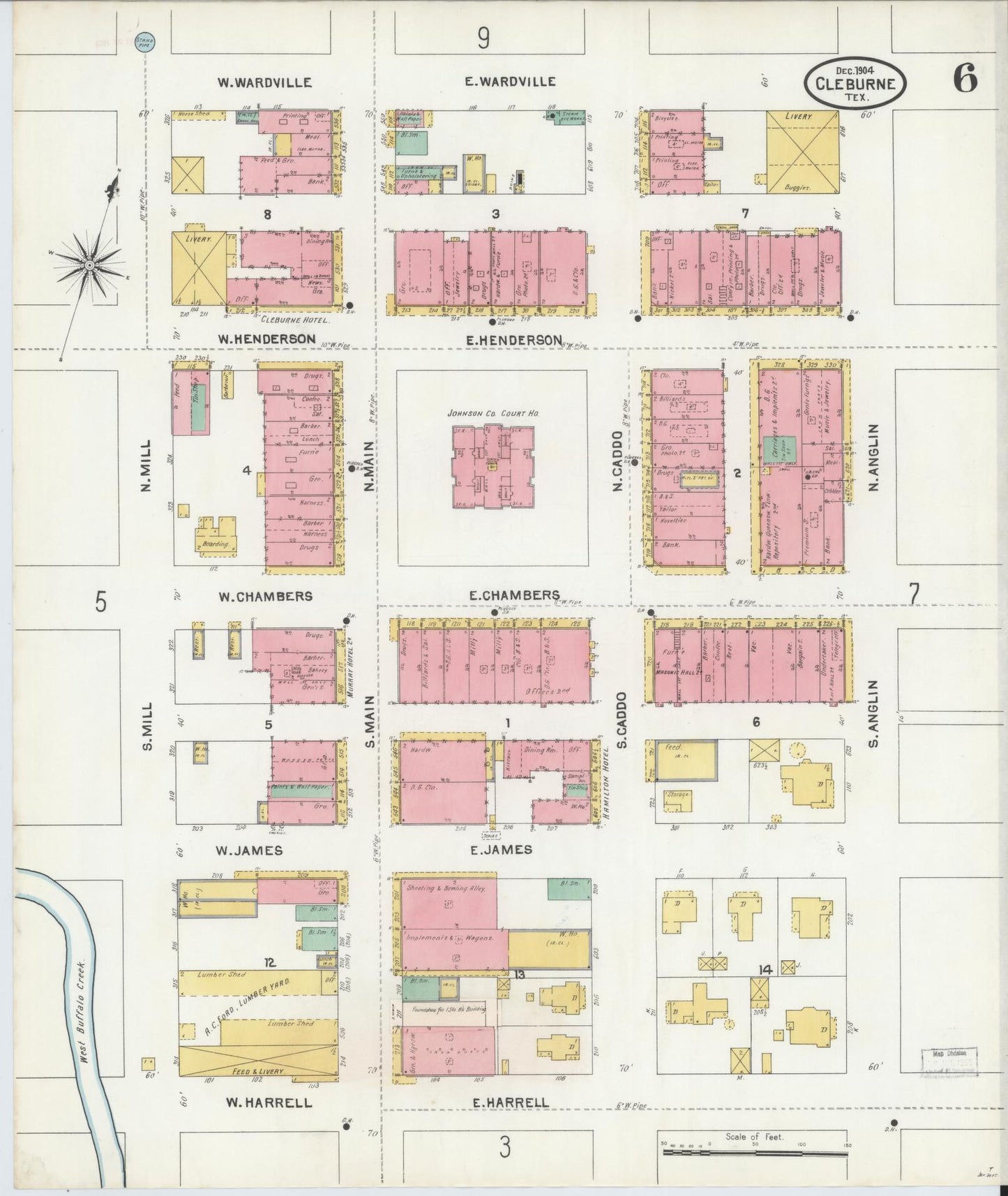 Sanborn Fire Insurance Map from Cleburne, Johnson County, Texas (1904), Sheet #0006 - Historic Sanborn Fire Insurance Map Print, vintage old map wall art, antique decor, genealogy gift, Texas Texas map