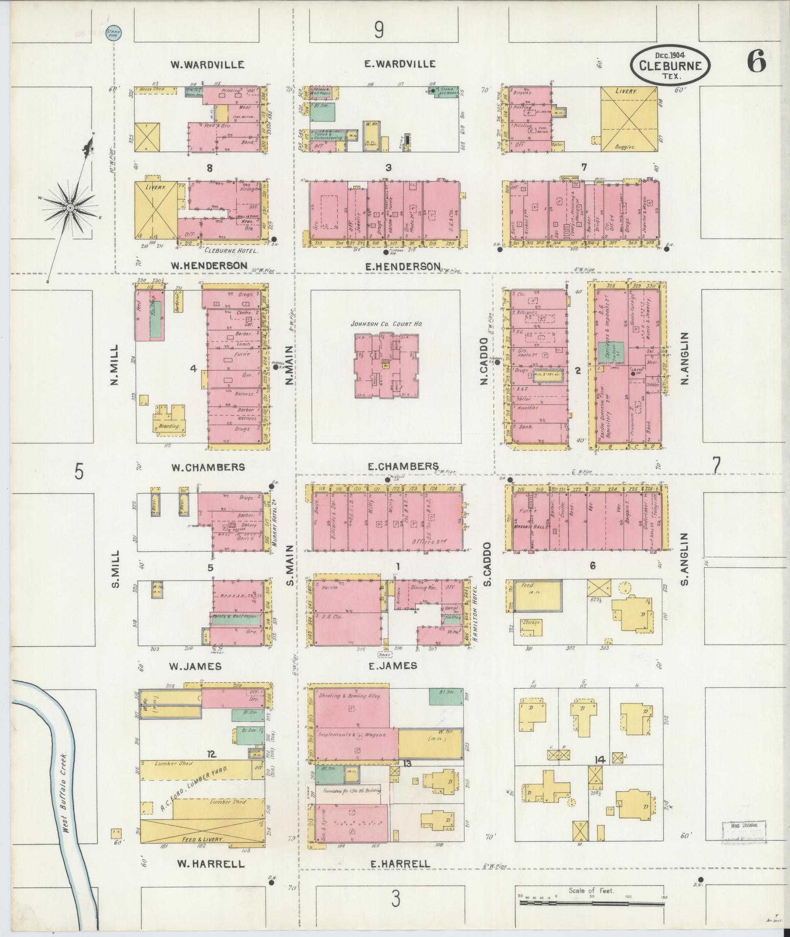 Sanborn Fire Insurance Map from Cleburne, Johnson County, Texas (1904), Sheet #0006 - Historic Sanborn Fire Insurance Map Print, vintage old map wall art, antique decor, genealogy gift, Texas Texas map