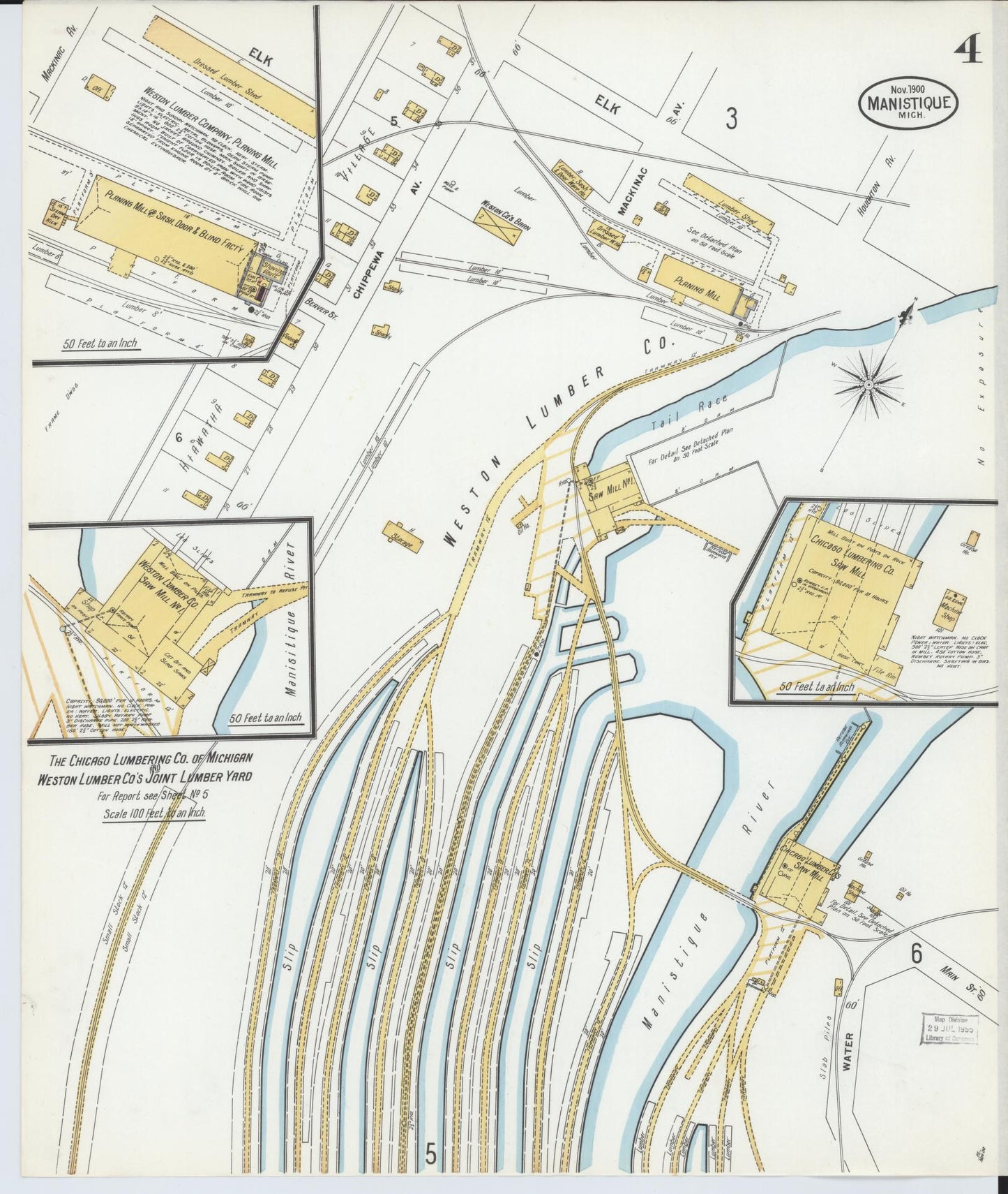 Sanborn Fire Insurance Map from Manistique, Schoolcraft County, Michigan (1900), Sheet #0004 - Complete Map Set gallery image, historic Sanborn map, vintage wall art, Michigan Michigan