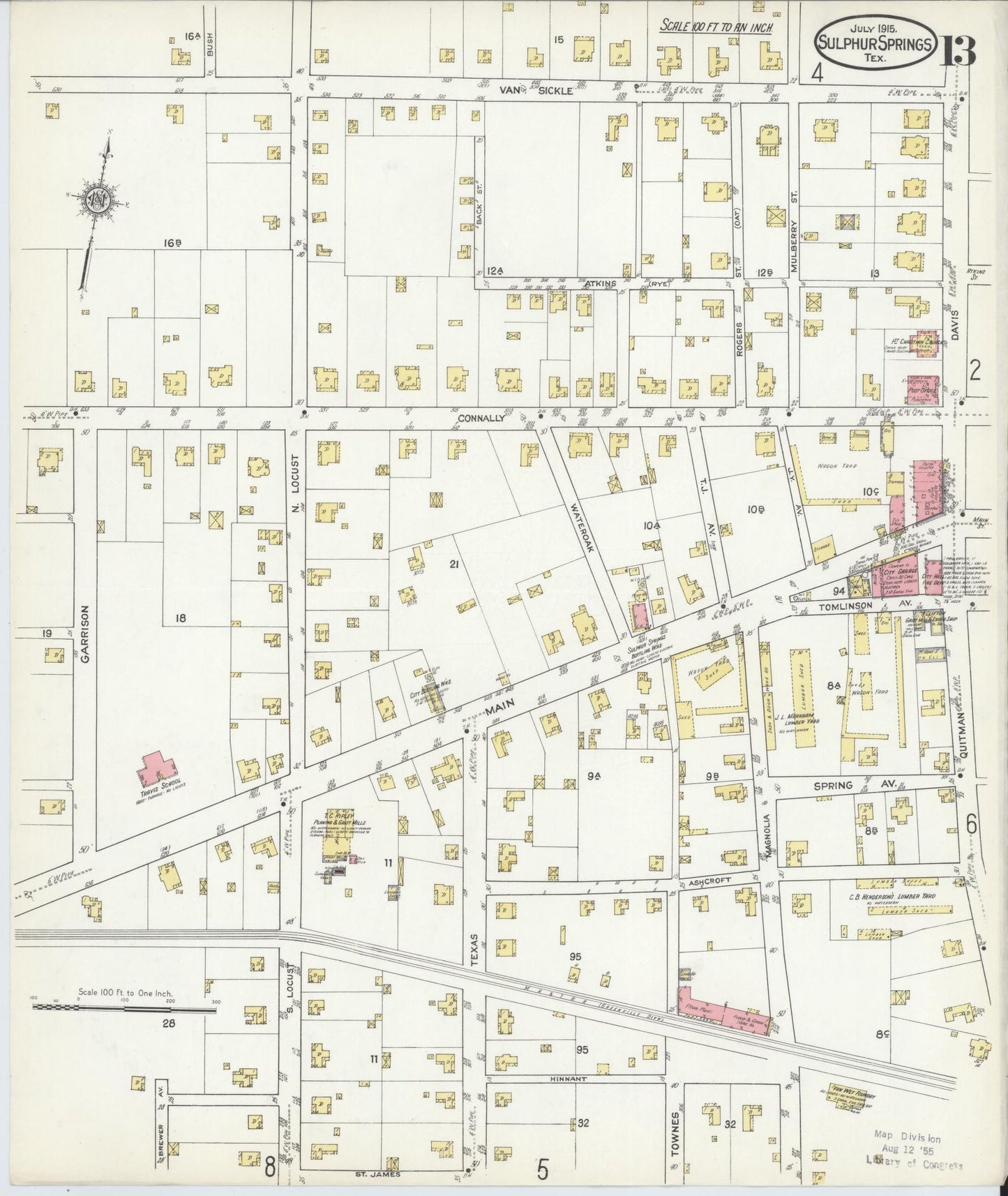 Sanborn Fire Insurance Map from Sulphur Springs, Hopkins County, Texas (1915), Sheet #0013 - Complete Map Set gallery image, historic Sanborn map, vintage wall art, Texas Texas