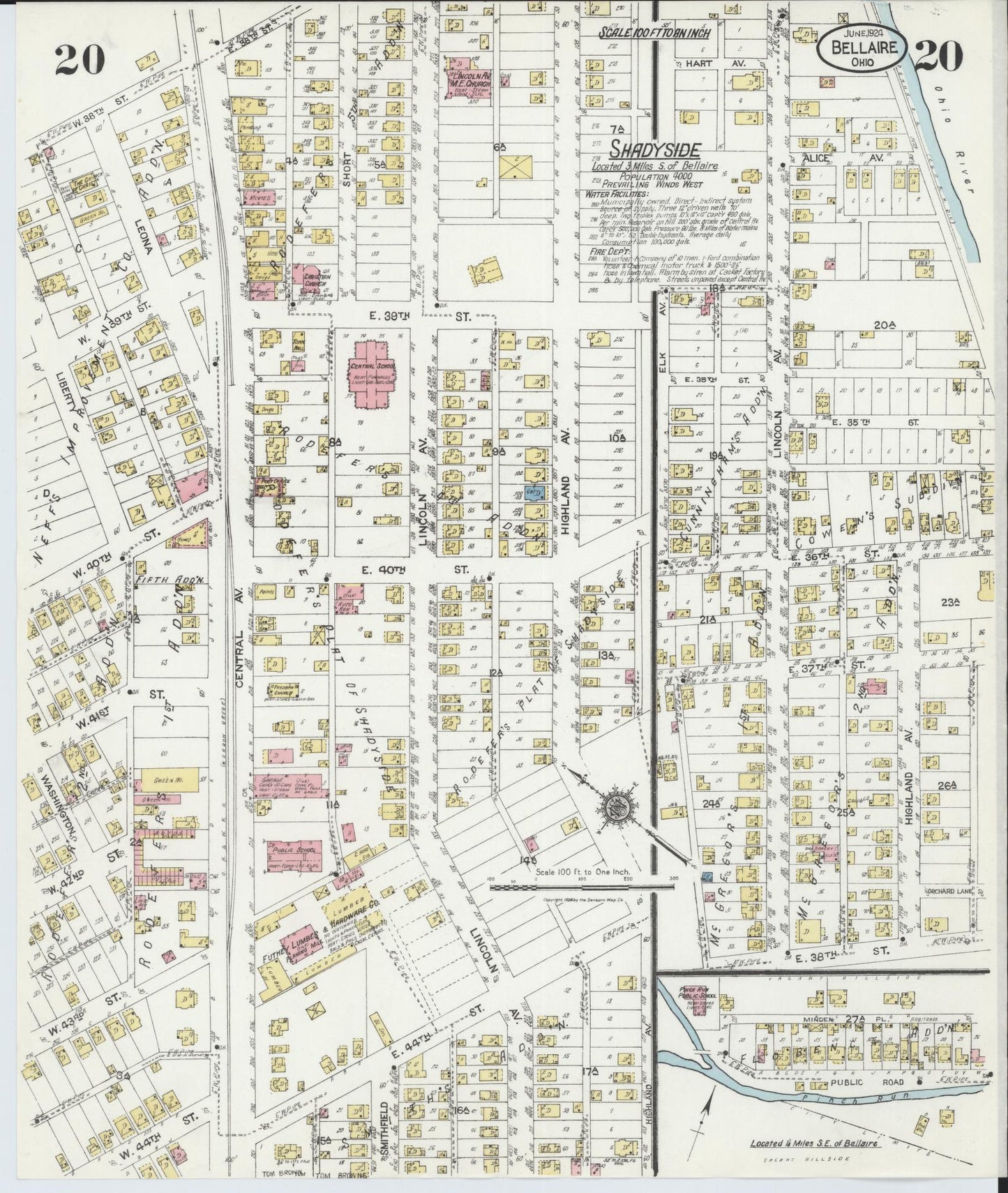 Sanborn Fire Insurance Map from Bellaire, Belmont County, Ohio (1924), Sheet #0020 - Historic Sanborn Fire Insurance Map Print, vintage old map wall art, antique decor, genealogy gift, Ohio Ohio map