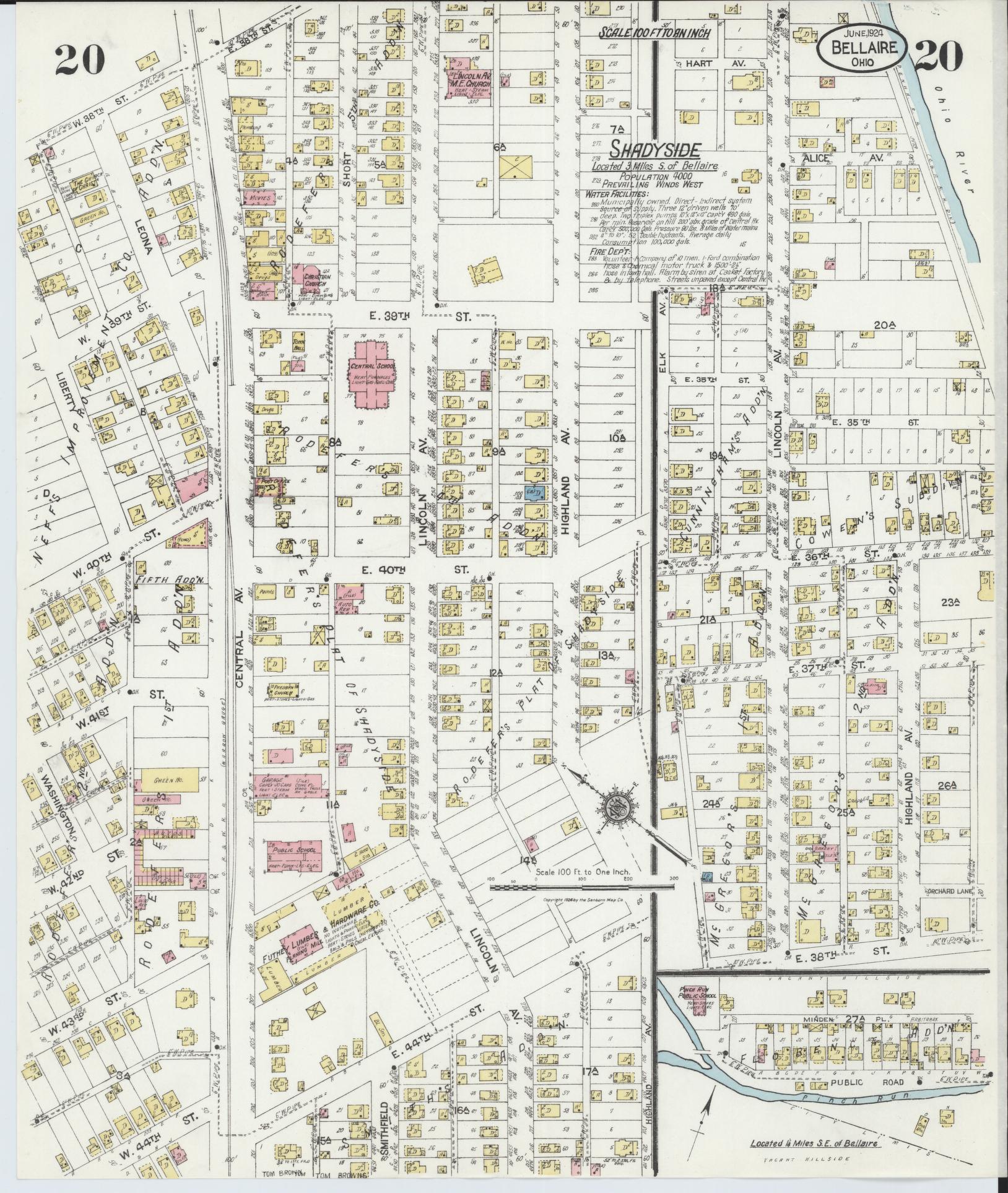 Sanborn Fire Insurance Map from Bellaire, Belmont County, Ohio (1924), Sheet #0020 - Historic Sanborn Fire Insurance Map Print, vintage old map wall art, antique decor, genealogy gift, Ohio Ohio map