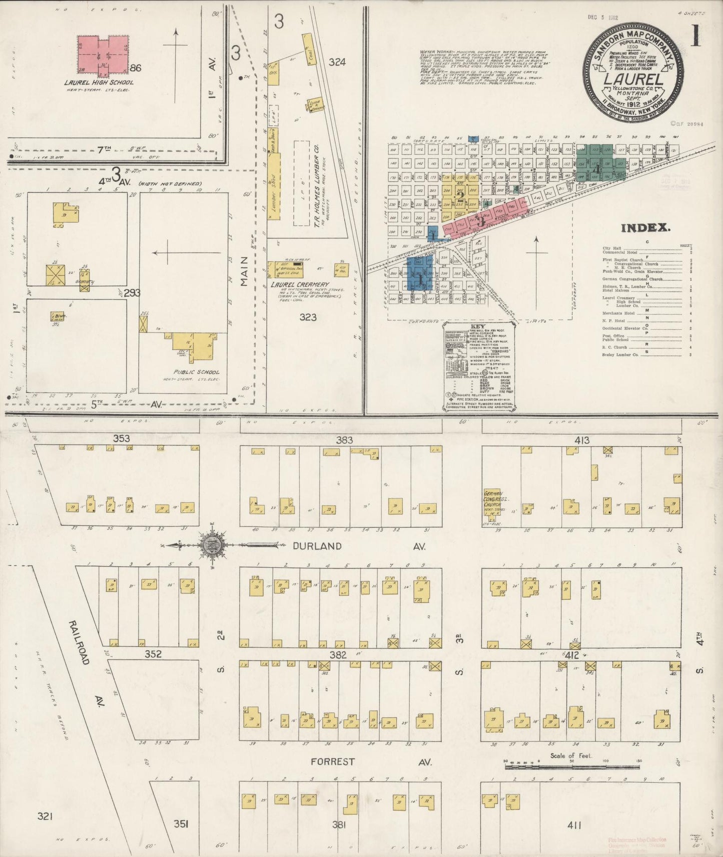Sanborn Fire Insurance Map from Laurel, Yellowstone County, Montana (1912), Sheet #0001 - Historic Sanborn Fire Insurance Map Print, vintage old map wall art, antique decor, genealogy gift, Montana Montana map